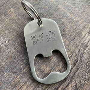 Personalized GPS Coordinates Bottle Opener Keychain Hand Stamped Steel Dog Tag GPS Coordinates Latitude Longitude image 1
