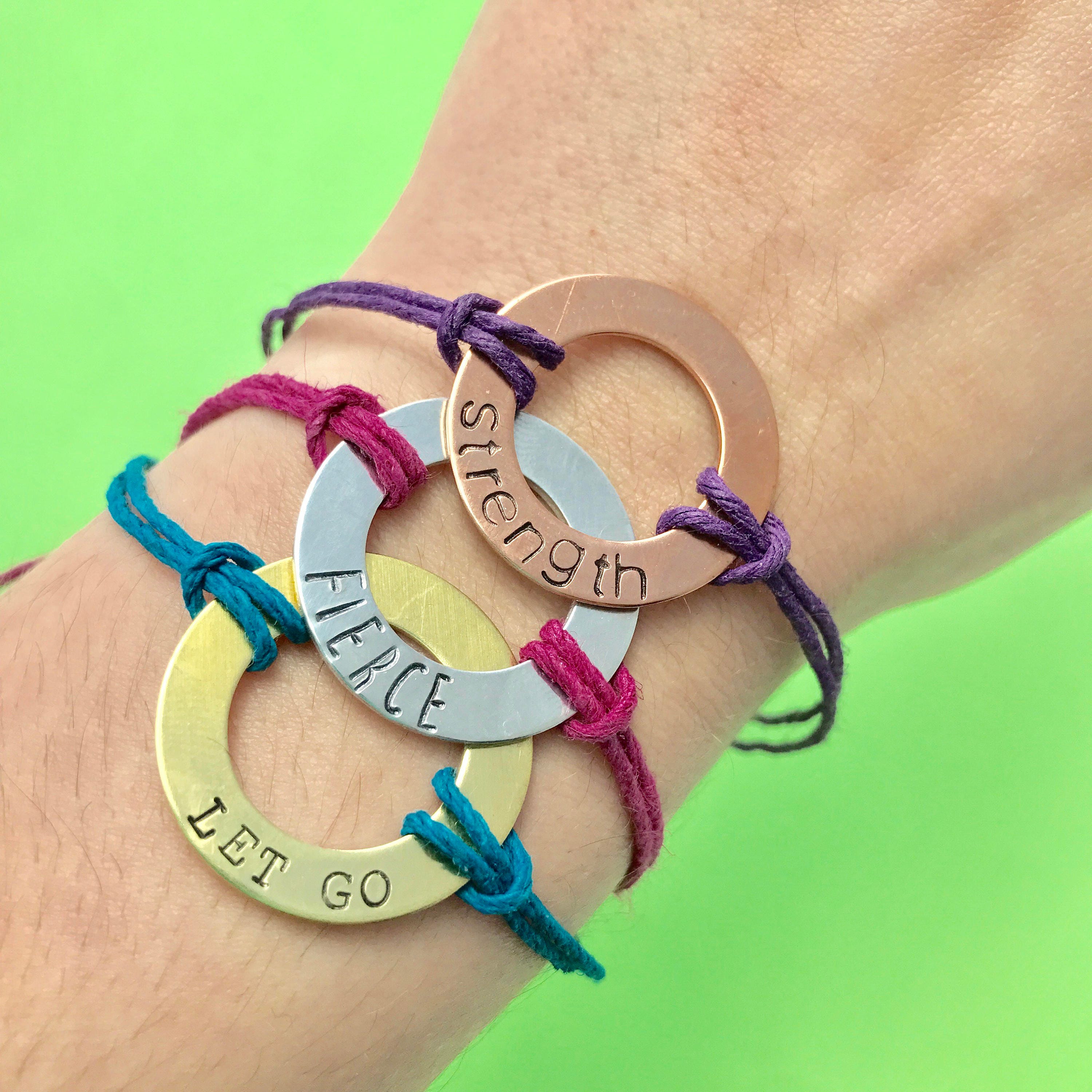Custom Hand Stamped Copper Washer Hemp Bracelet- Choose Color and Font, view 3