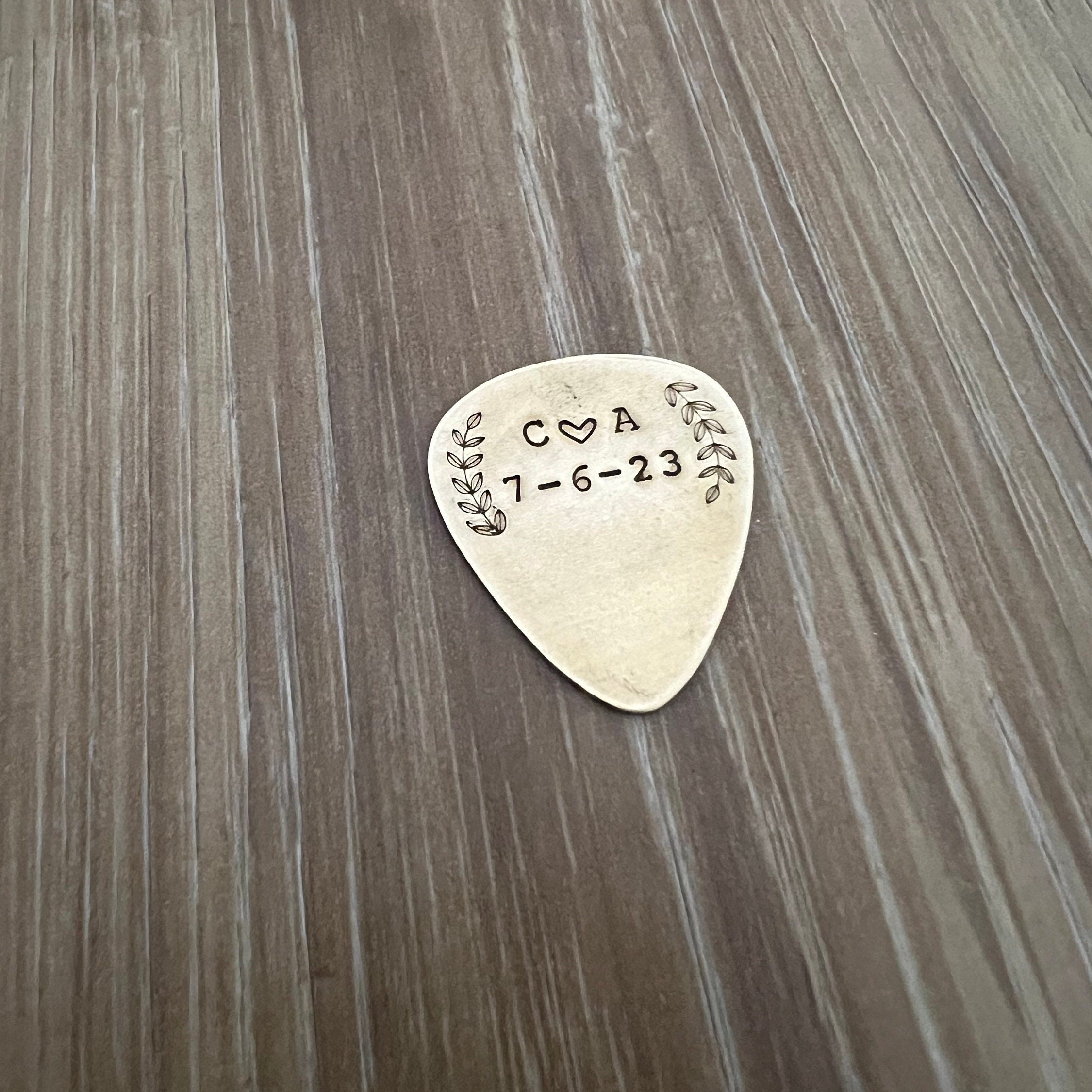 Personalized Hand Stamped Guitar Pick: Anniversary Initials, view 2