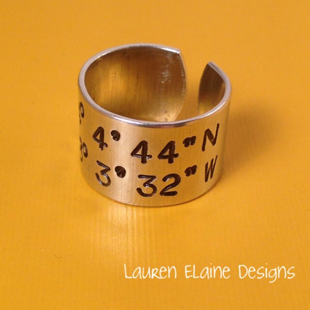 Custom Hand Stamped Aluminum Coordinates Ring, view 2