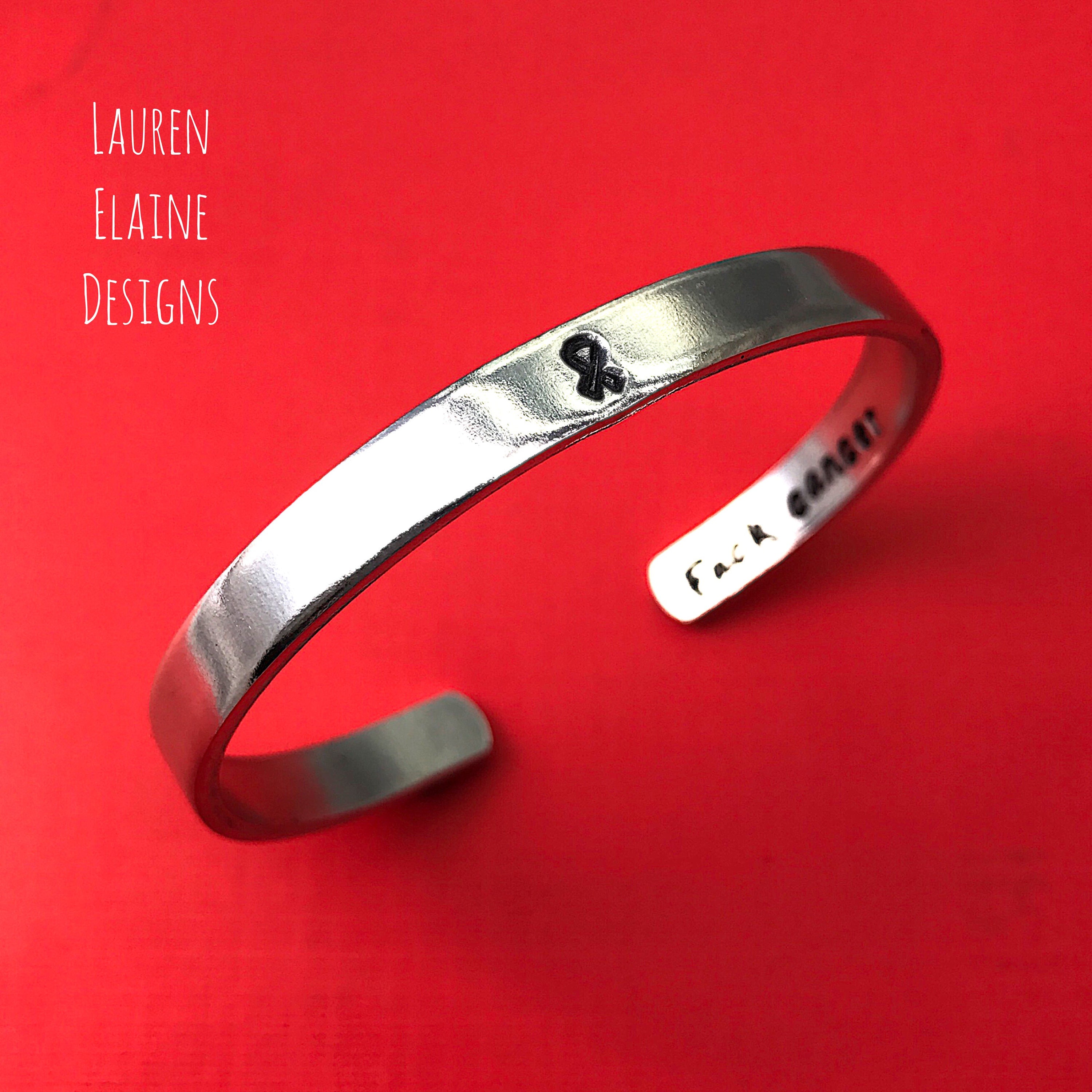 F- Cancer Hidden Message- Hand Stamped Cuff Awareness Ribbon Bracelet, view 2