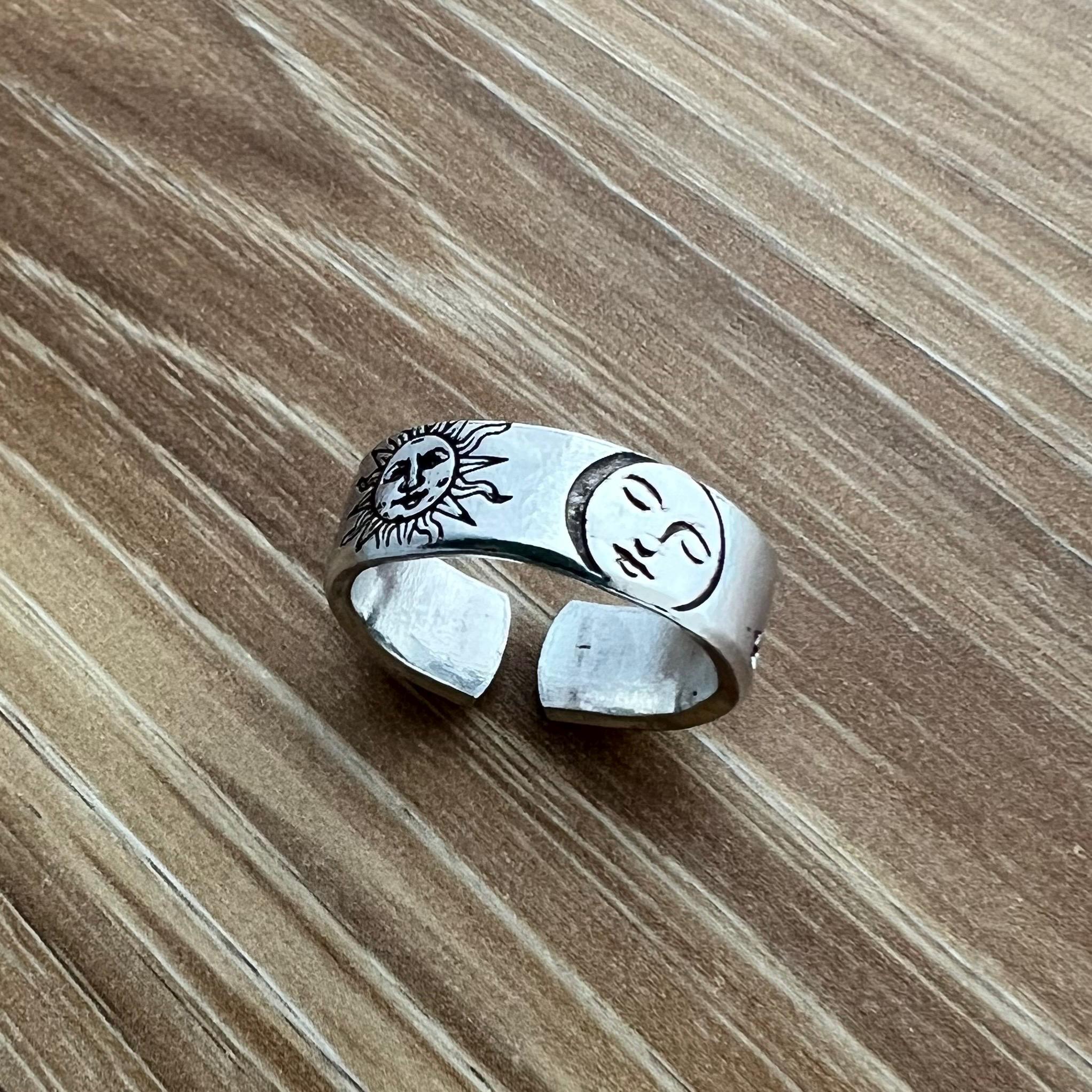 Sun and Moon Face Ring- Hand Stamped Aluminum Ring, view 4