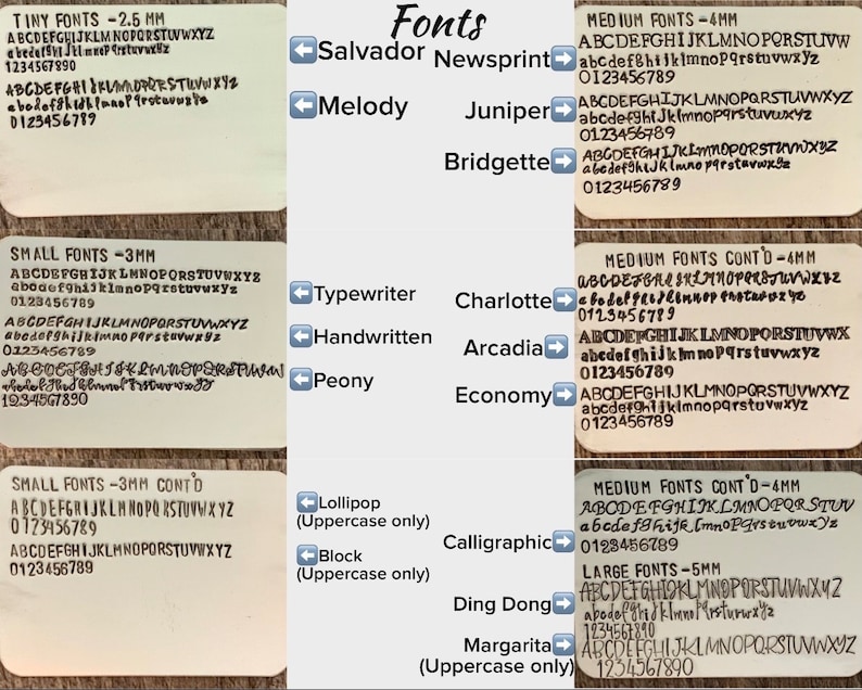Pode incluir: Um gr&aacute;fico que mostra diferentes estilos e tamanhos de fonte, incluindo Salvador Newsprint, Melody, Juniper, Bridgette, Typewriter, Charlotte, Handwritten, Arcadia, Peony, Economy, Lollipop, Block, Calligraphic, Ding Dong e Margarita. O gr&aacute;fico inclui o nome da fonte, o tamanho e uma amostra do alfabeto em mai&uacute;sculas e min&uacute;sculas.