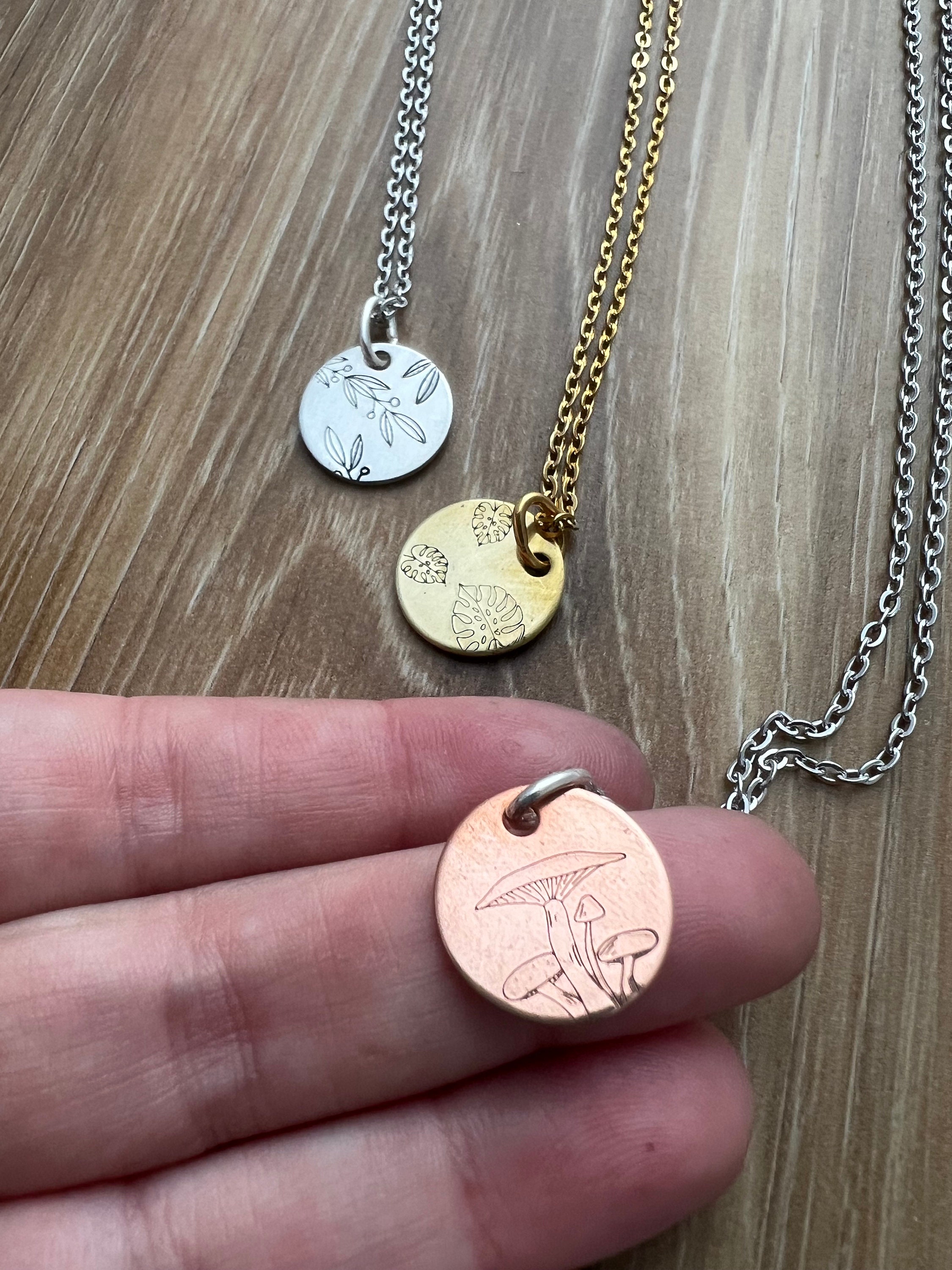 Hand Stamped Charm Necklace: Foliage, Mushroom, Monstera Leaf, view 3