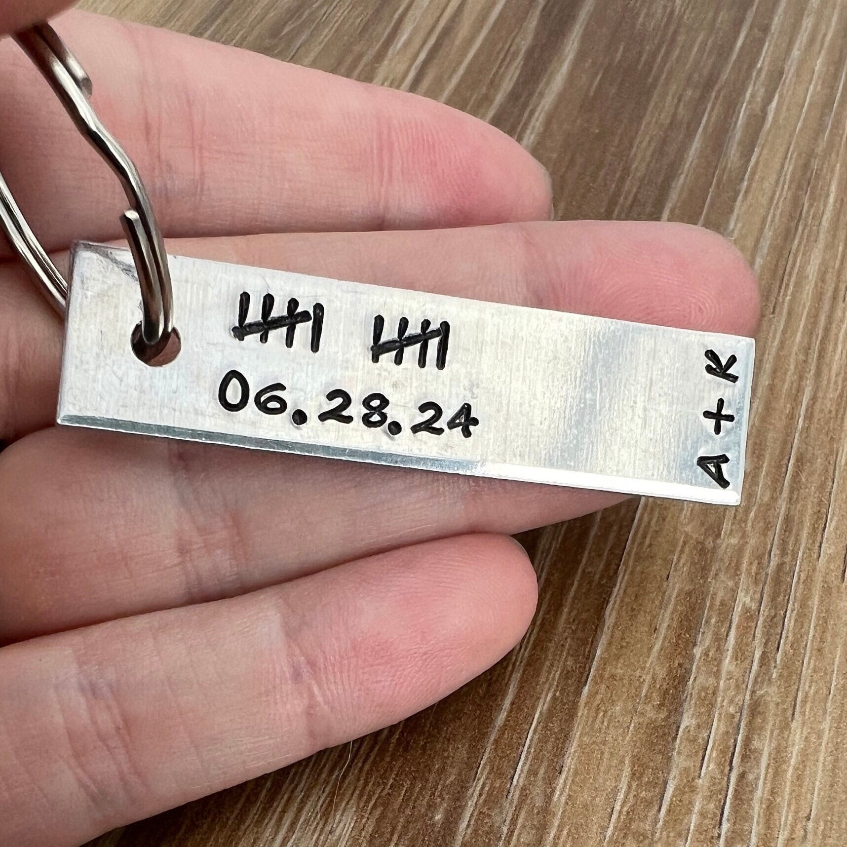 Hand Stamped Aluminum 10 Year Anniversary Keychain: Personalized Date & Initials, view 2