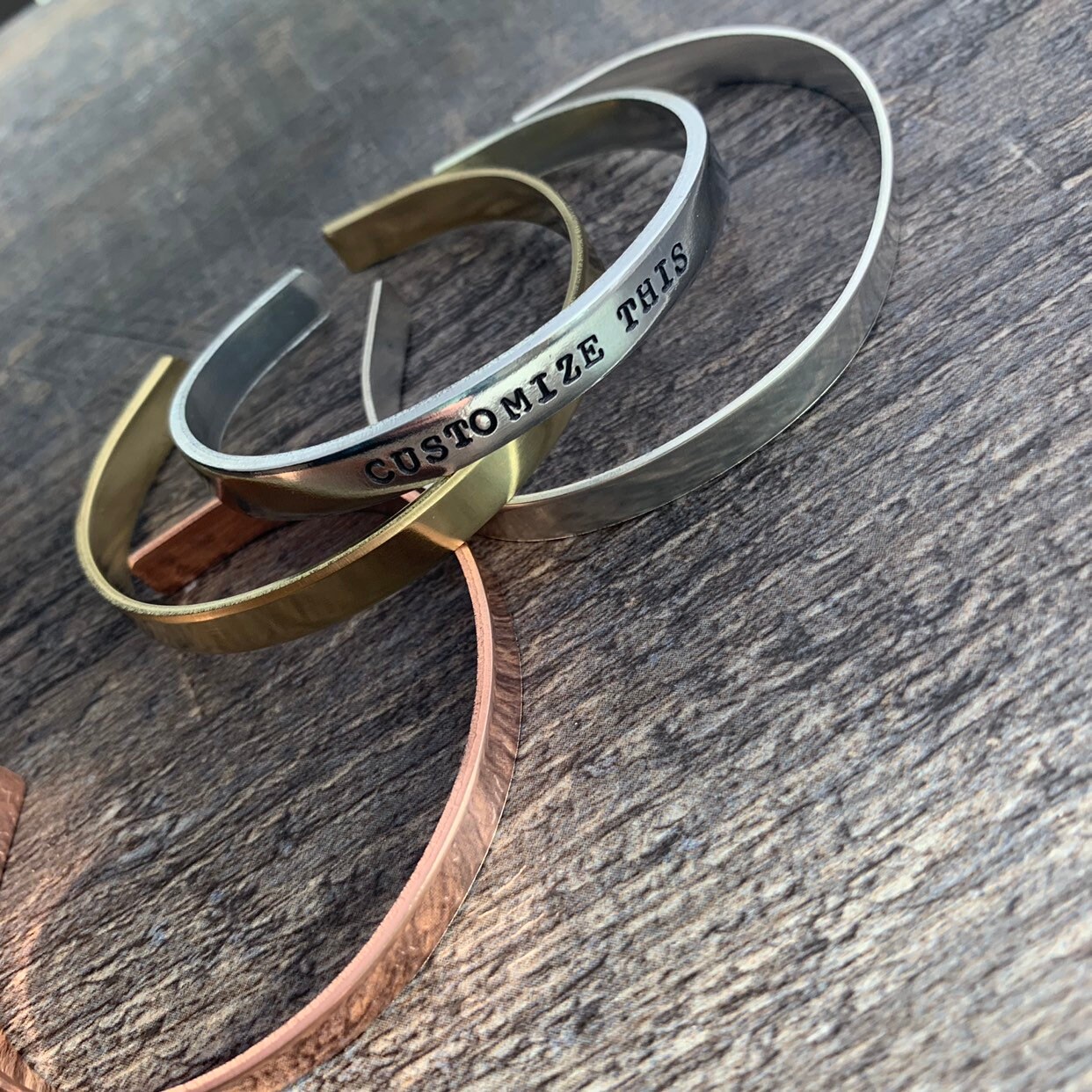 Custom Hand Stamped Cuff Bracelet- Aluminum Copper or Brass, view 2