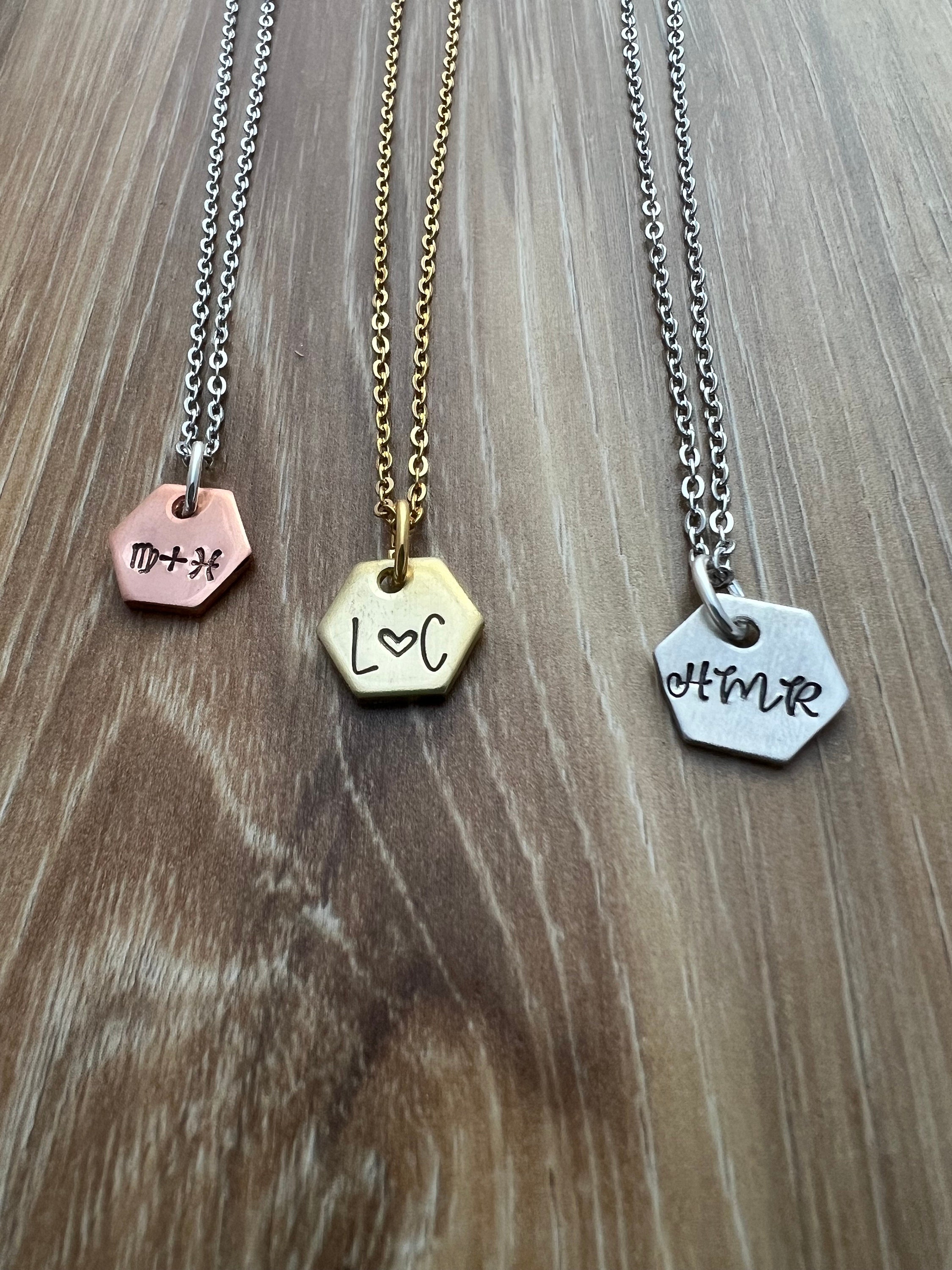 Custom Hand Stamped Hexagon Necklace: Personalized Initial Charm, view 2