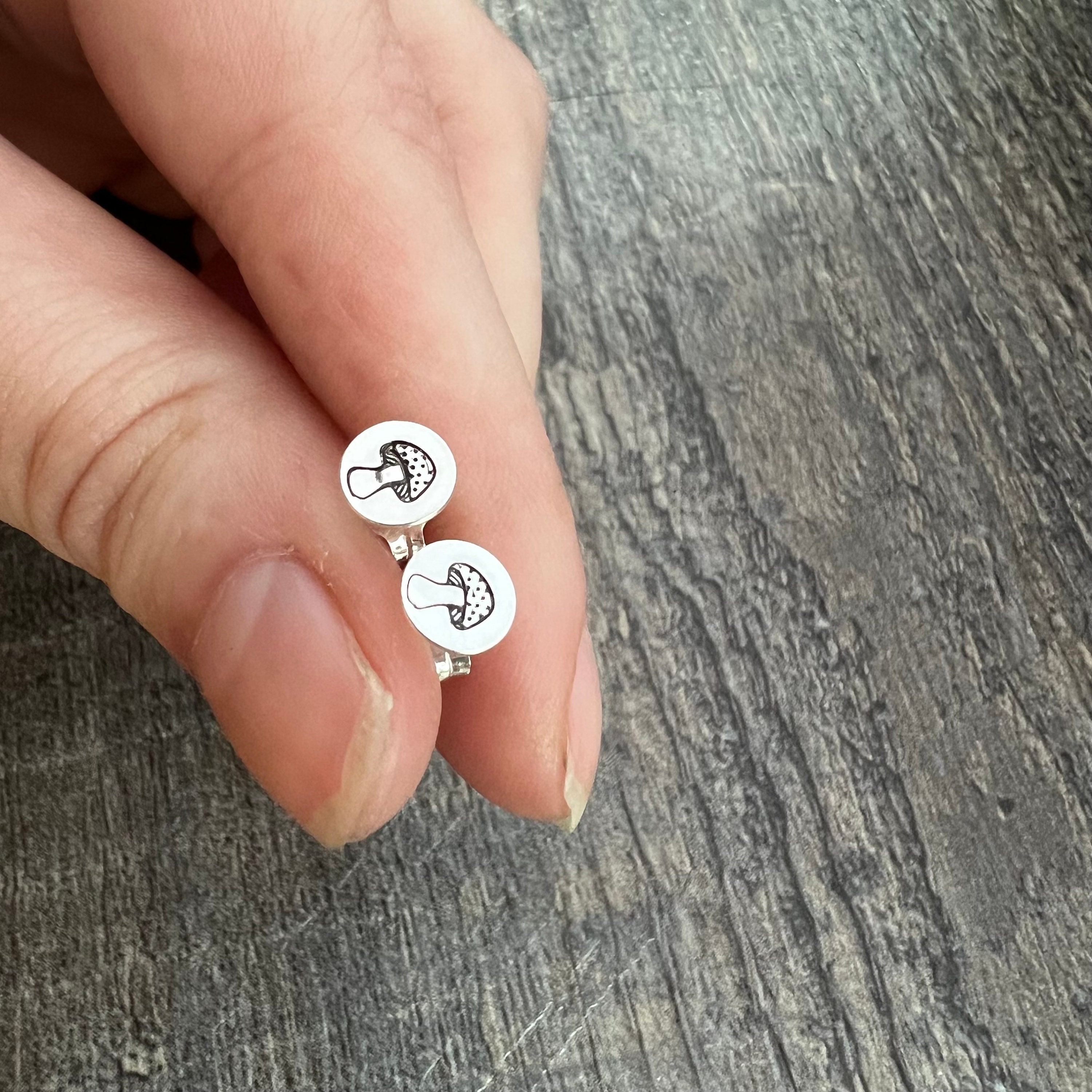 Sterling Silver Mushroom Stud Earrings - Hand Stamped Gift, view 4