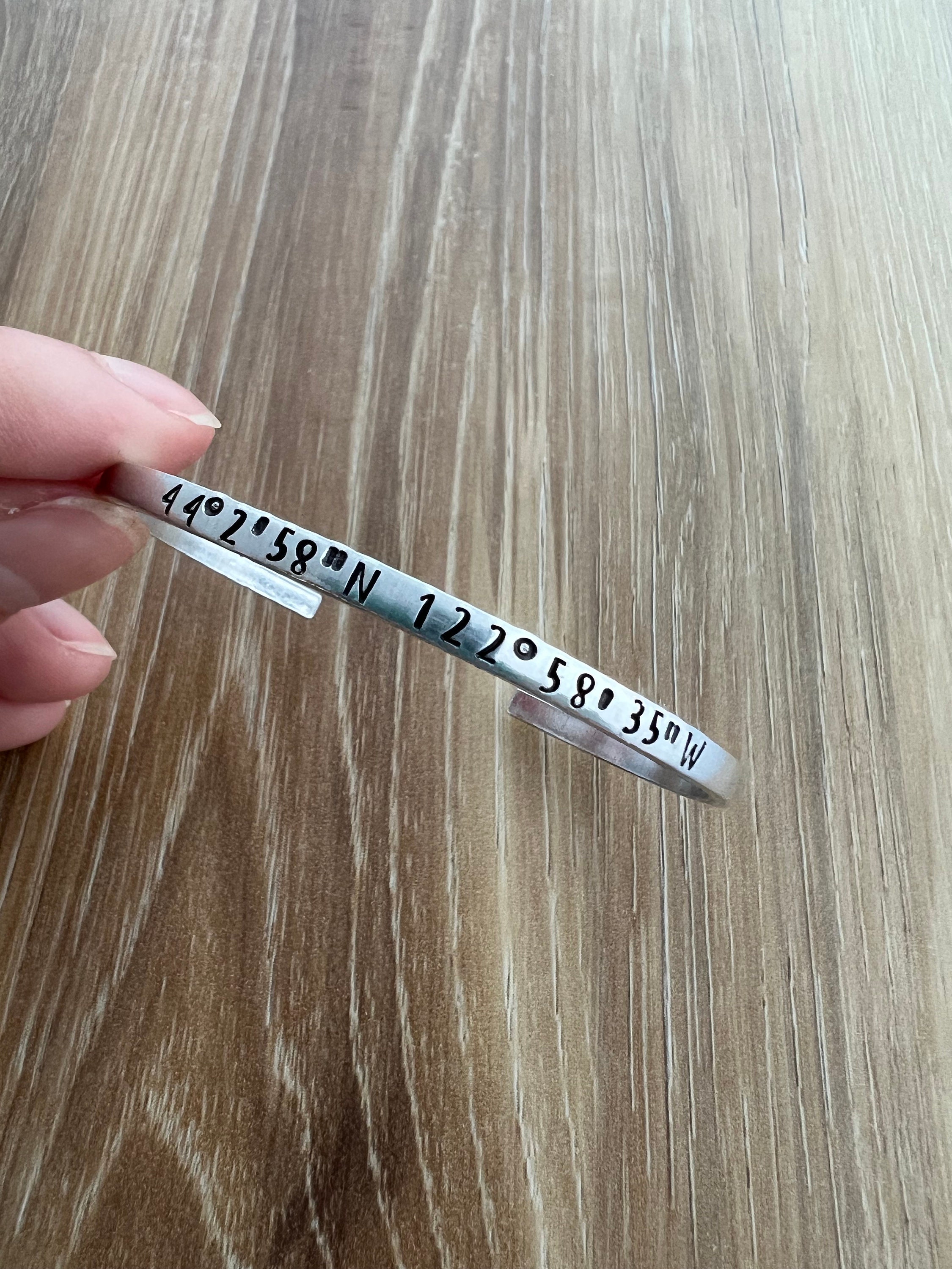 Custom Coordinates Hand Stamped Bracelet Aluminum Bangle- Skinny Minimalist Bracelet, view 5