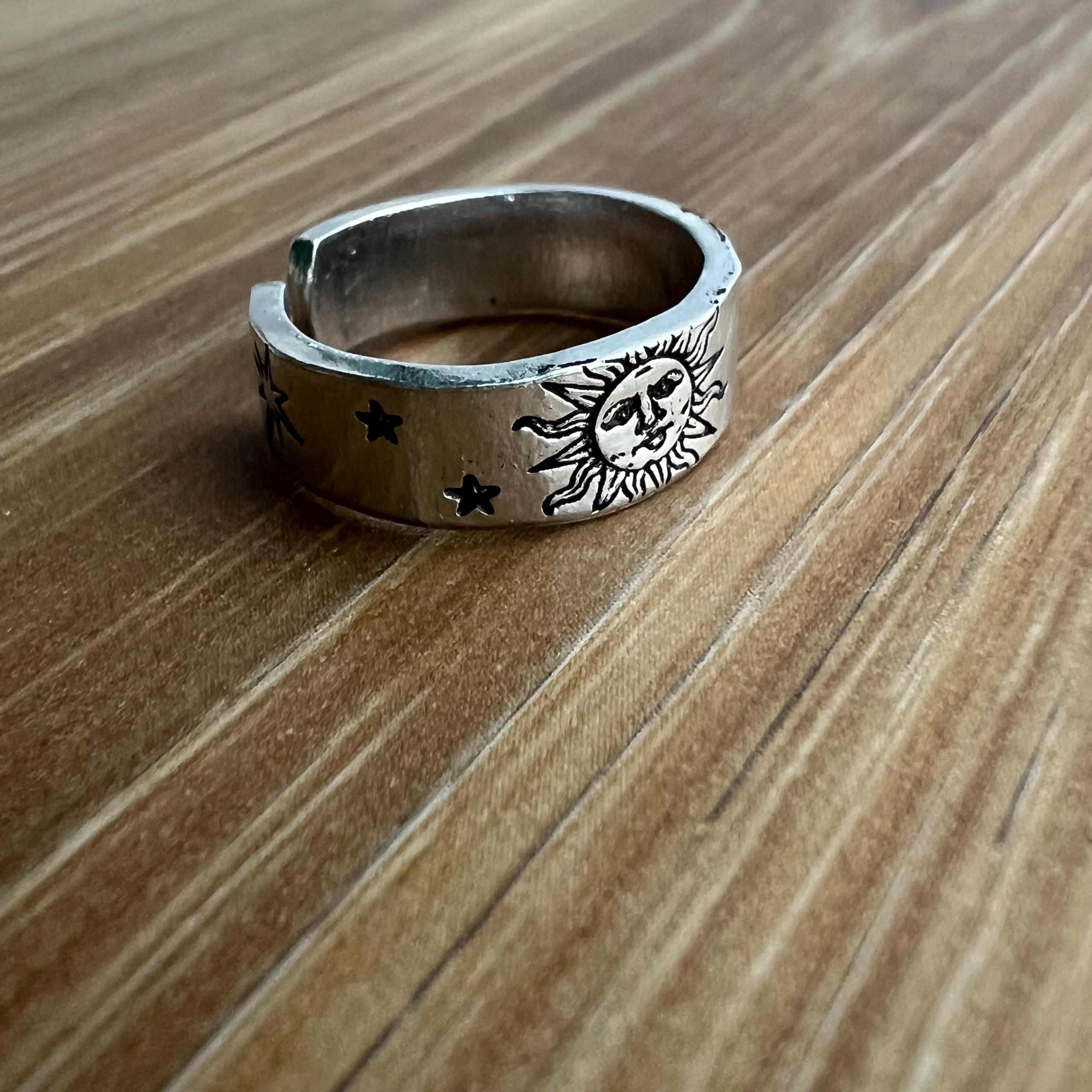 Sun and Moon Face Ring- Hand Stamped Aluminum Ring, view 3