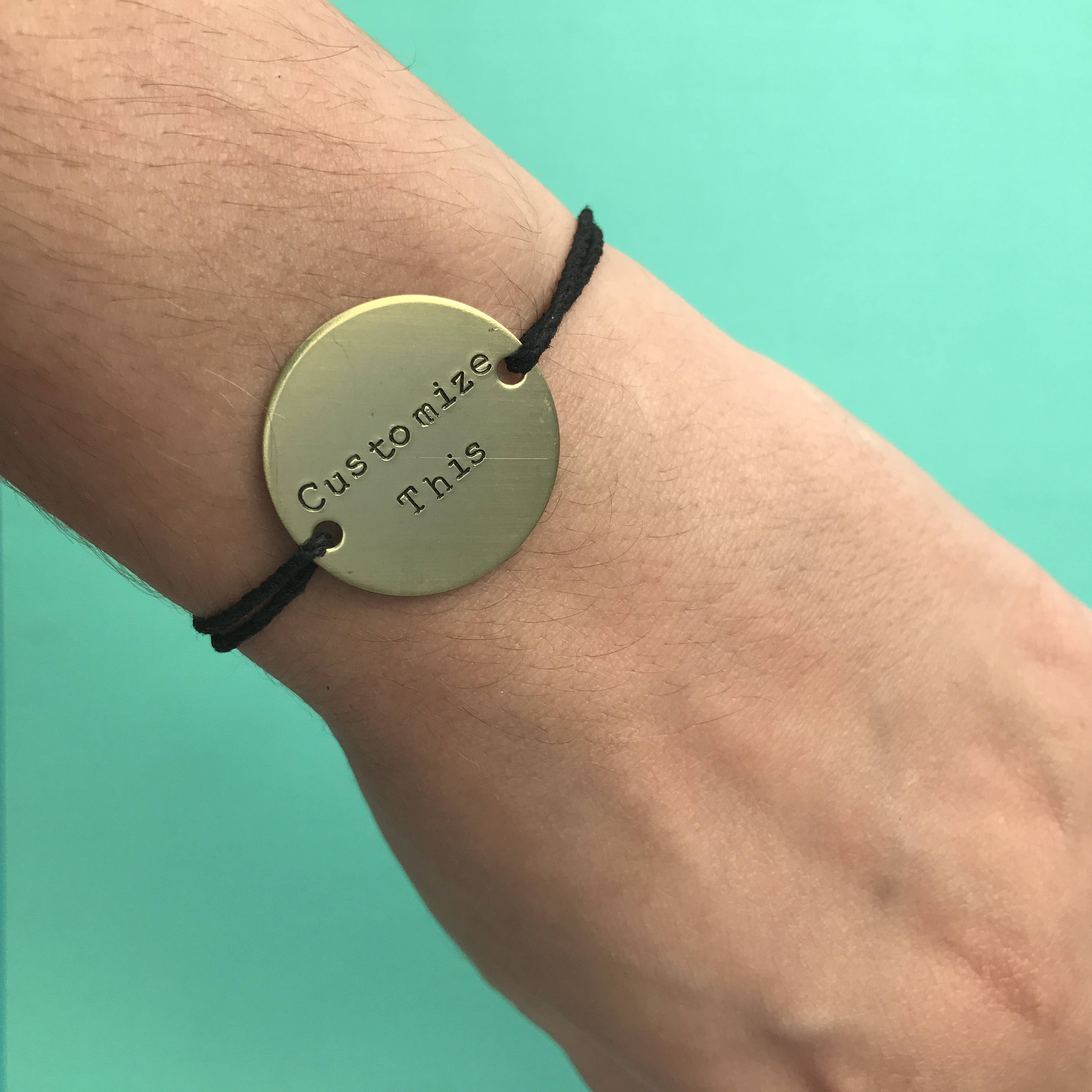 Custom Hand Stamped Brass Circle Charm Hemp Bracelet (Pick your Phrase, Font, and Color), view 2