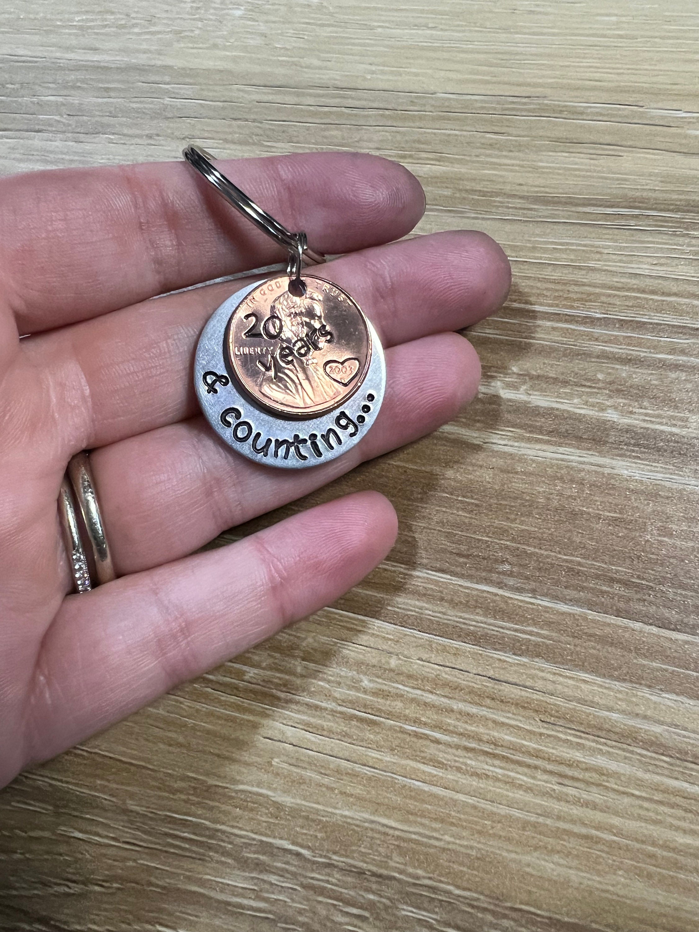 Custom Years and Counting Penny Keychain- Copper Anniversary Wedding Couples Gift- Hand Stamped Circle Charm With Penny- You Choose the Year, view 3