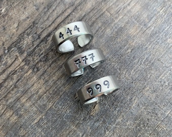 Angel Number Hand Stamped Aluminum Ring- Numerology 111, 222, 333, 444, 555, 666, 777, 888, 999