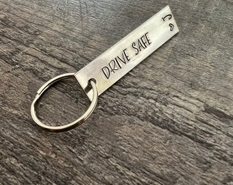 Custom Initials "Drive Safe"  Hand Stamped Aluminum Keychain New Driver, Husband, Wife Gift