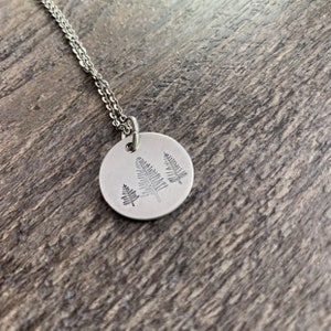 May include: A silver necklace with a round pendant featuring an engraved design of three stylized fern leaves.