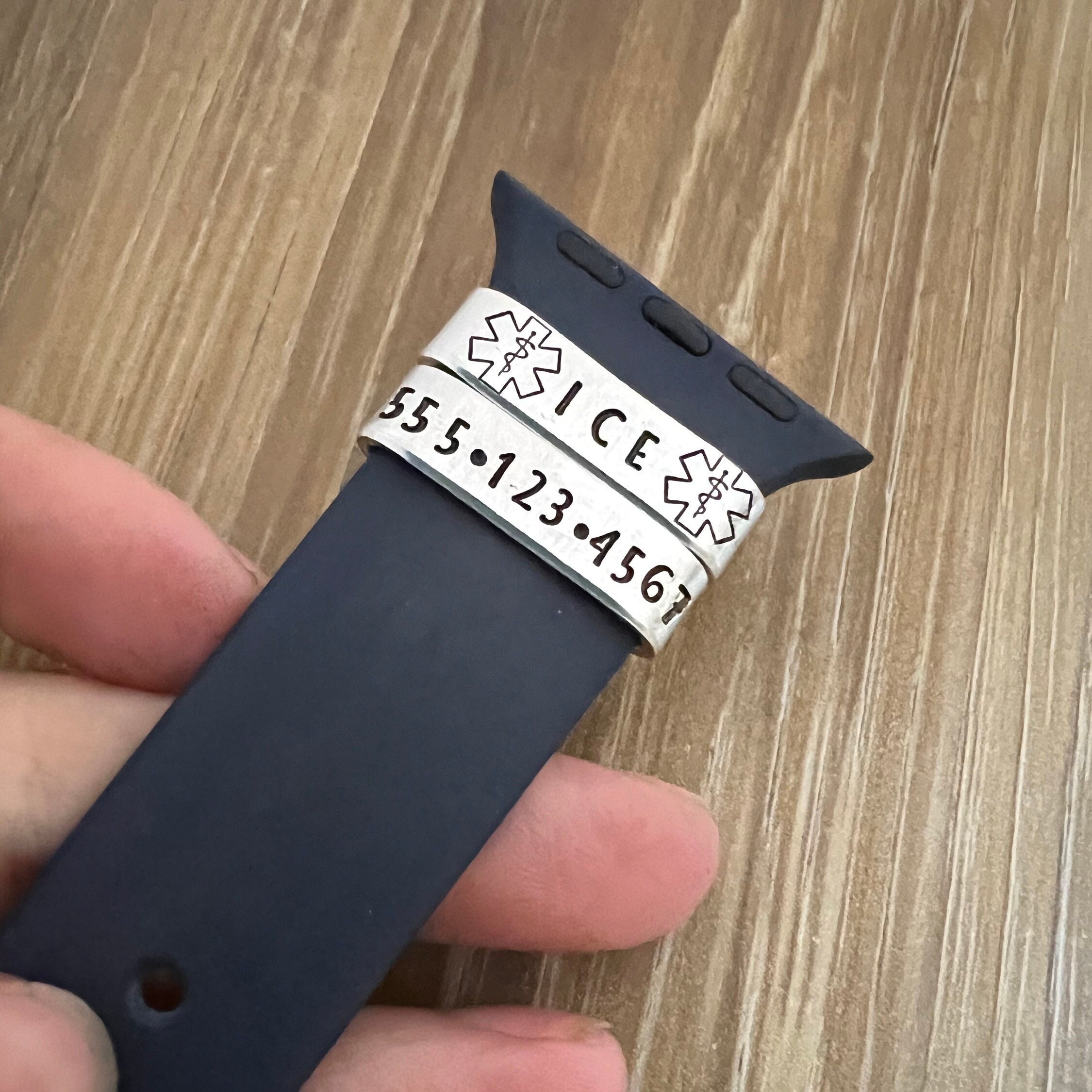 Hand Stamped Medical ID Watch Band Charm: Emergency Contact Tag