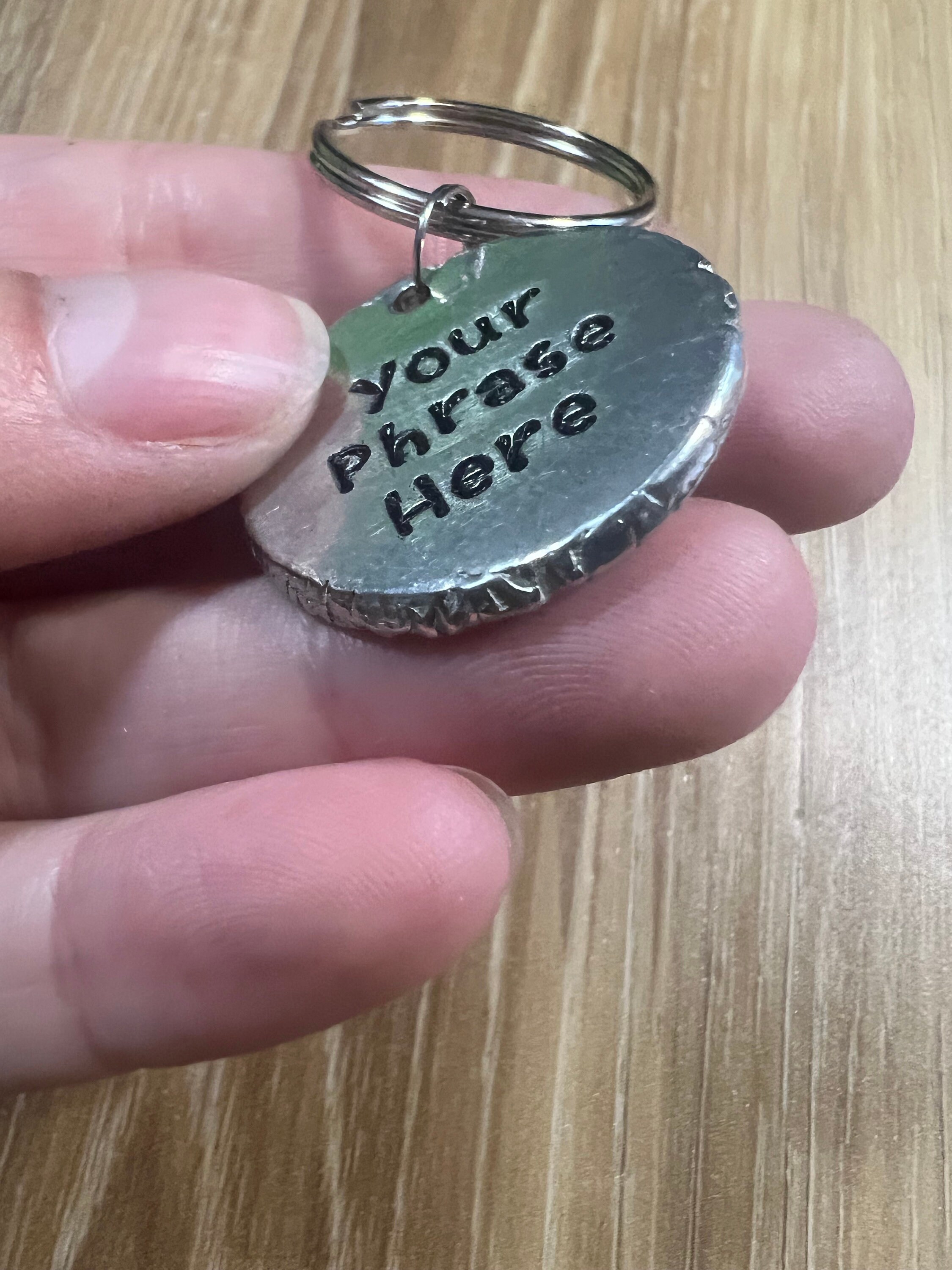 Personalized Pewter Disc Keychain: Custom Phrase, Anniversary Date, view 3