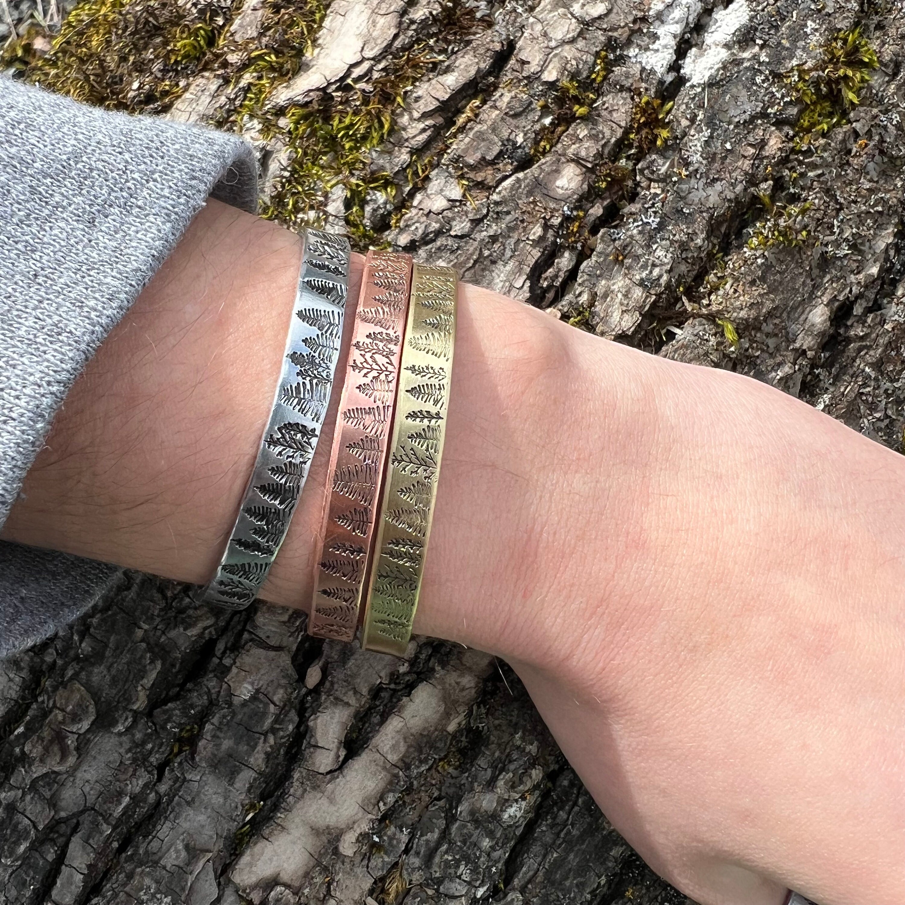 Hand Stamped Pine Tree Forest Cuff Bracelet: Personalized Hidden Message, view 5