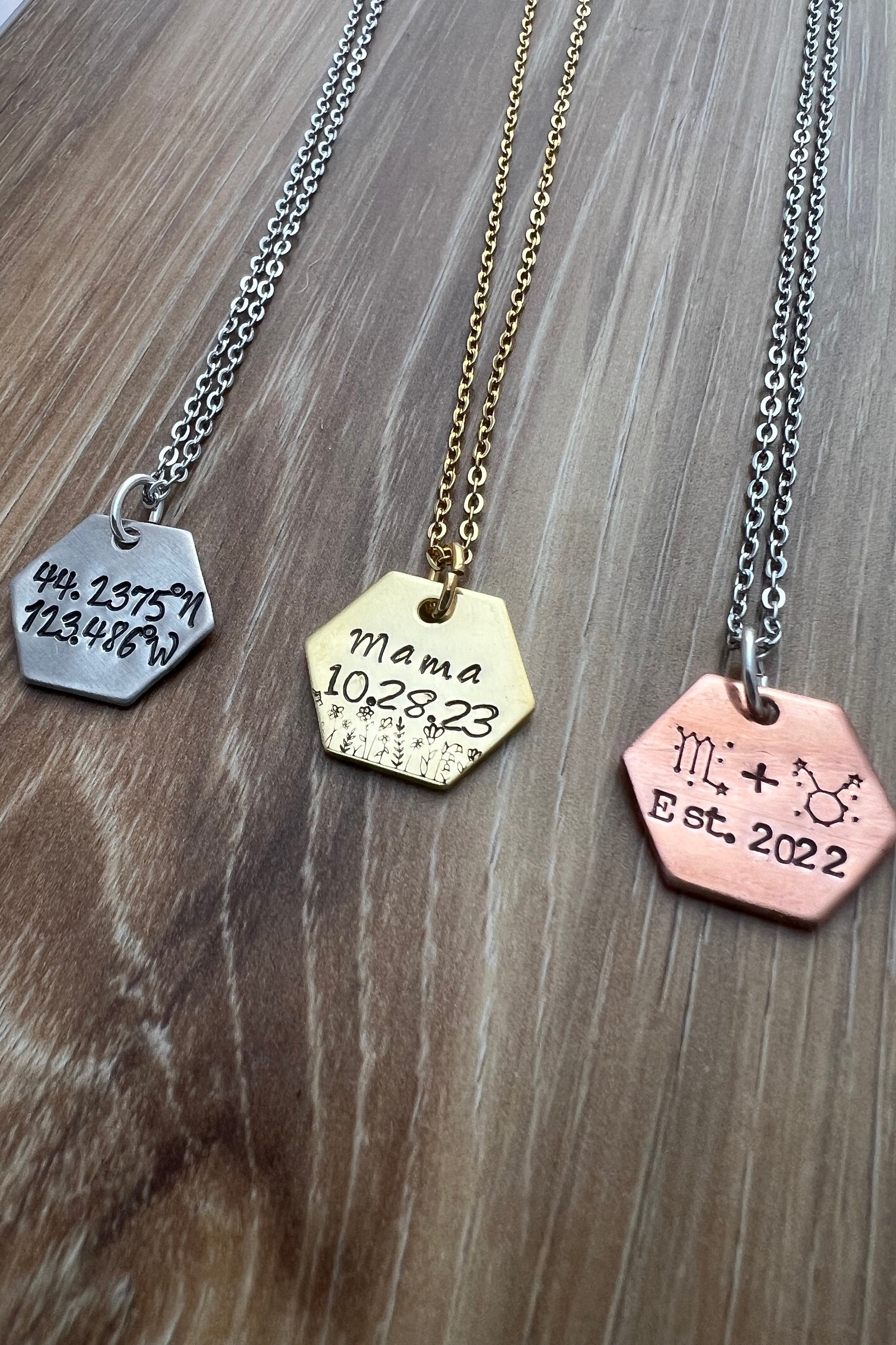 Custom Hand Stamped Hexagon Necklace: Personalized Geometric Charm, view 3