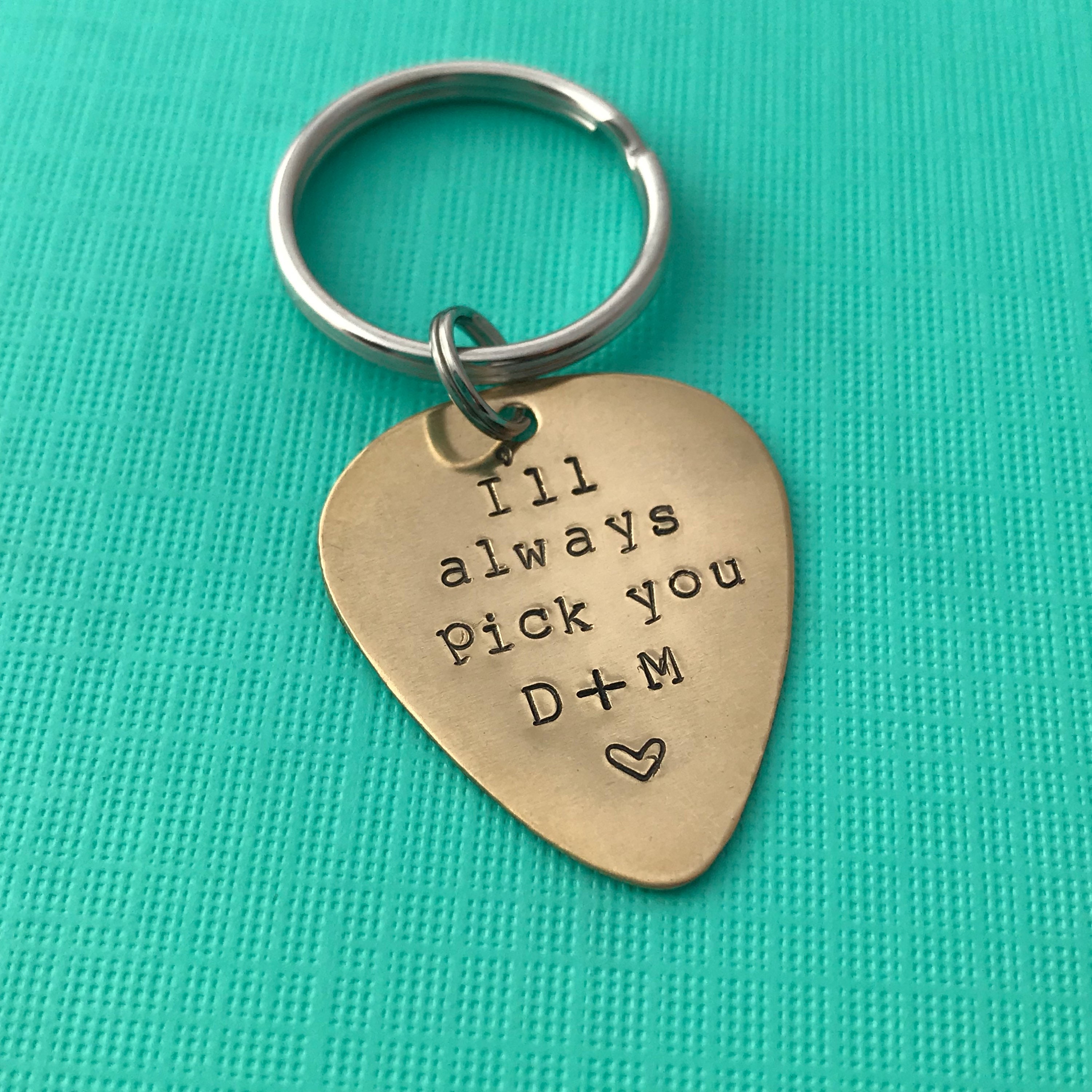 Personalized Guitar Pick Keychain: Hand Stamped Brass, Copper, or Aluminum, view 3