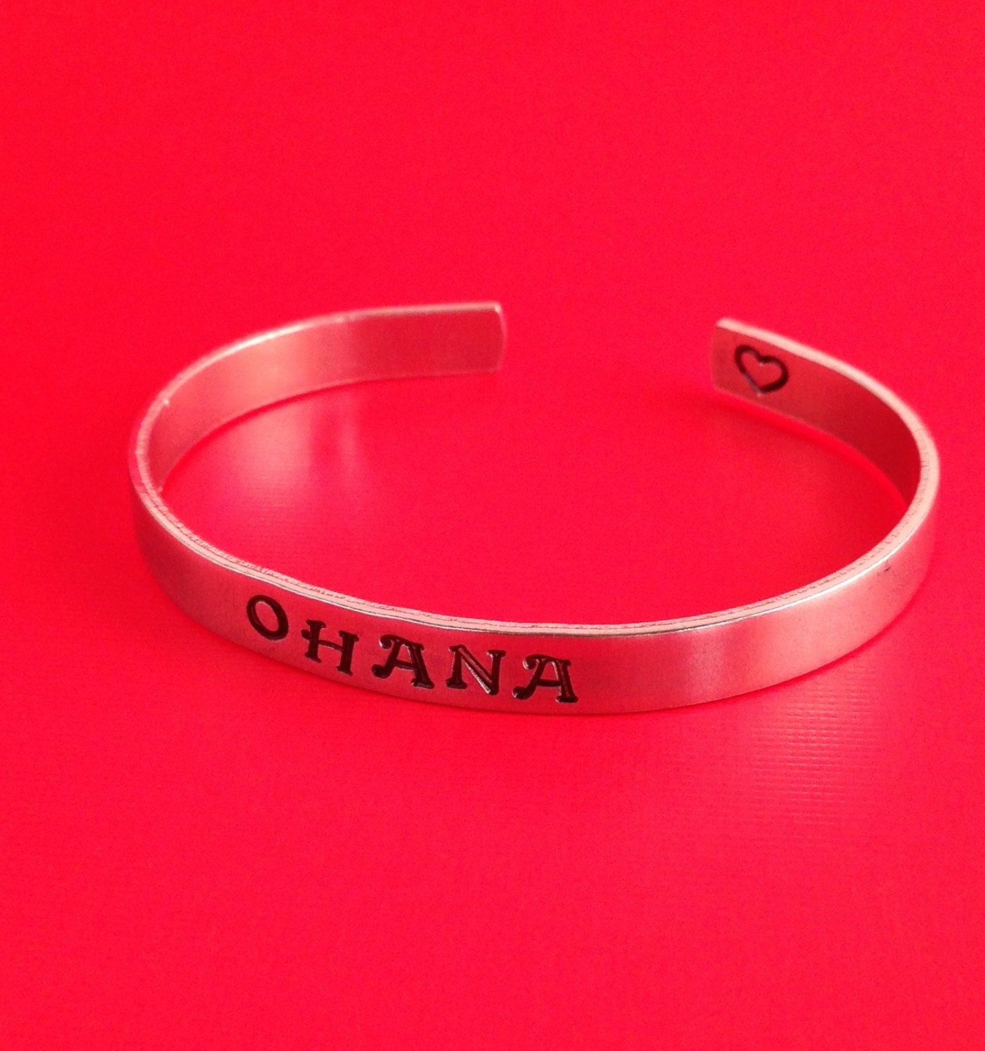 Ohana- Hand Stamped Cuff Bracelet- In Aluminum, Copper, Brass, or Sterling Silver, view 2