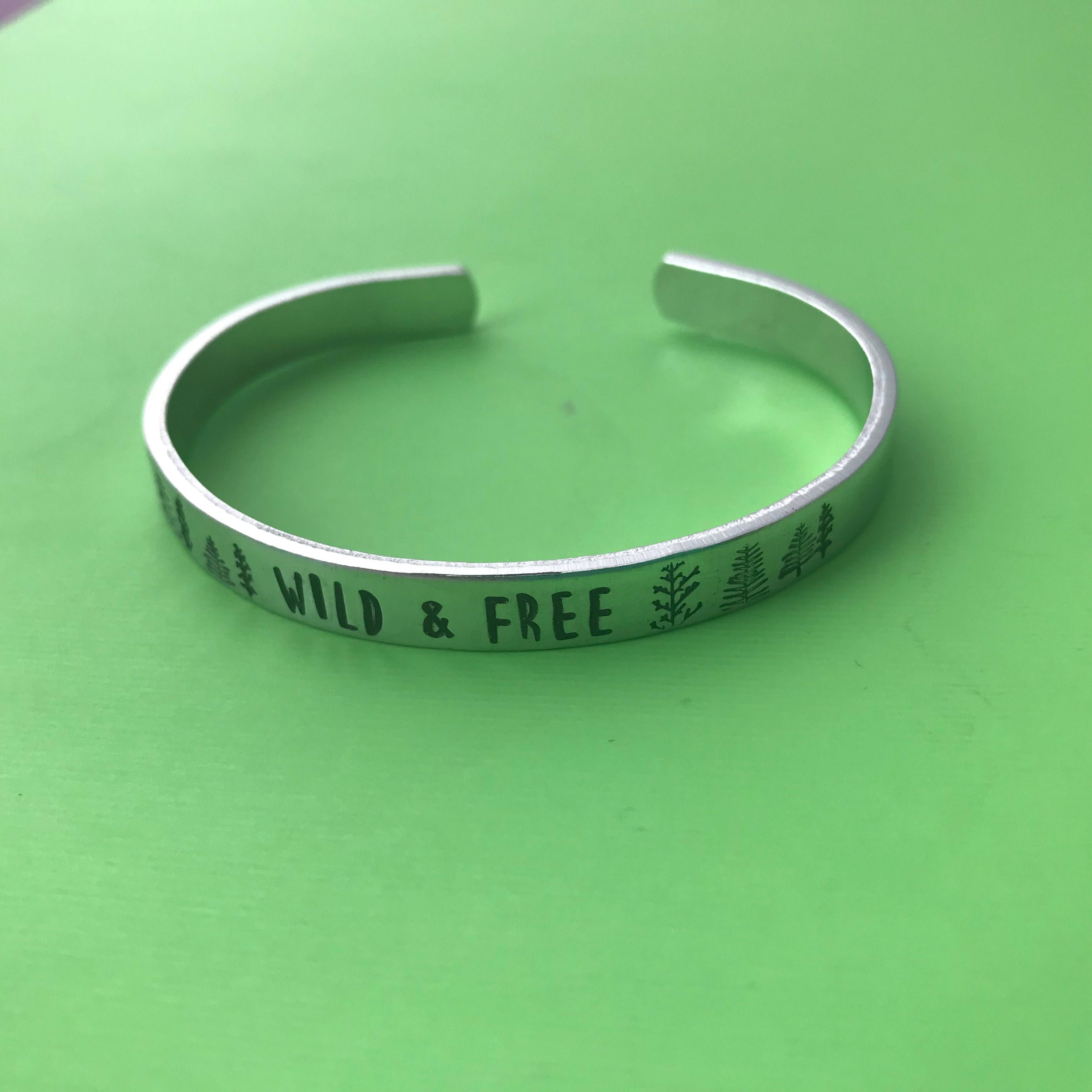 Wild and Free- Hand Stamped Cuff Bracelet- Aluminum, Copper, Brass, or Sterling Silver, view 4