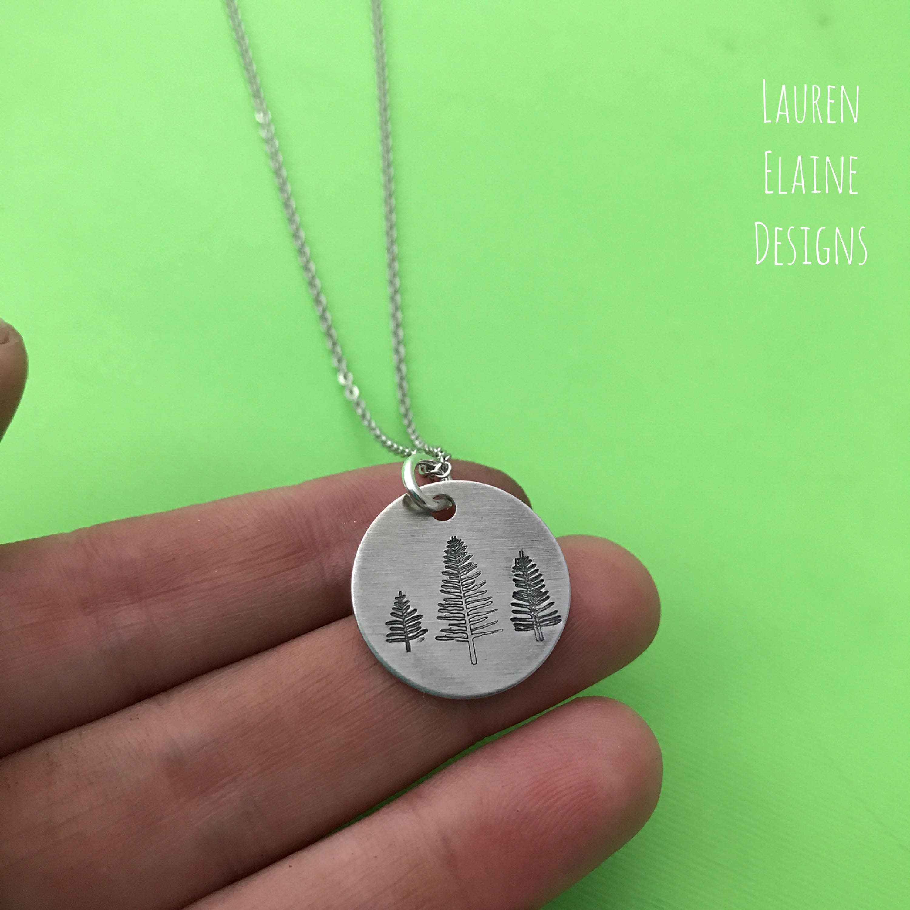 Pine Tree Necklace- Hand Stamped Aluminum, Copper, or Brass Charm Necklace, view 3