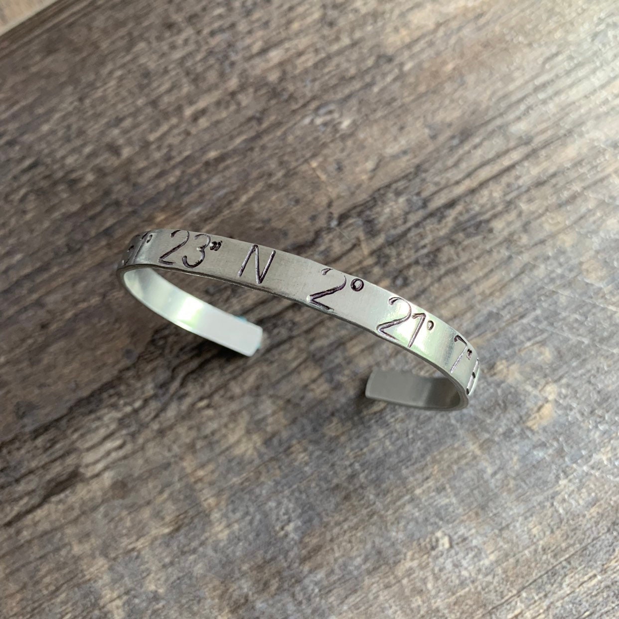 Custom Latitude Longitude Cuff Bracelet -Hand Stamped With Large Numbers- Couples Gift, Anniversary Gift, view 2