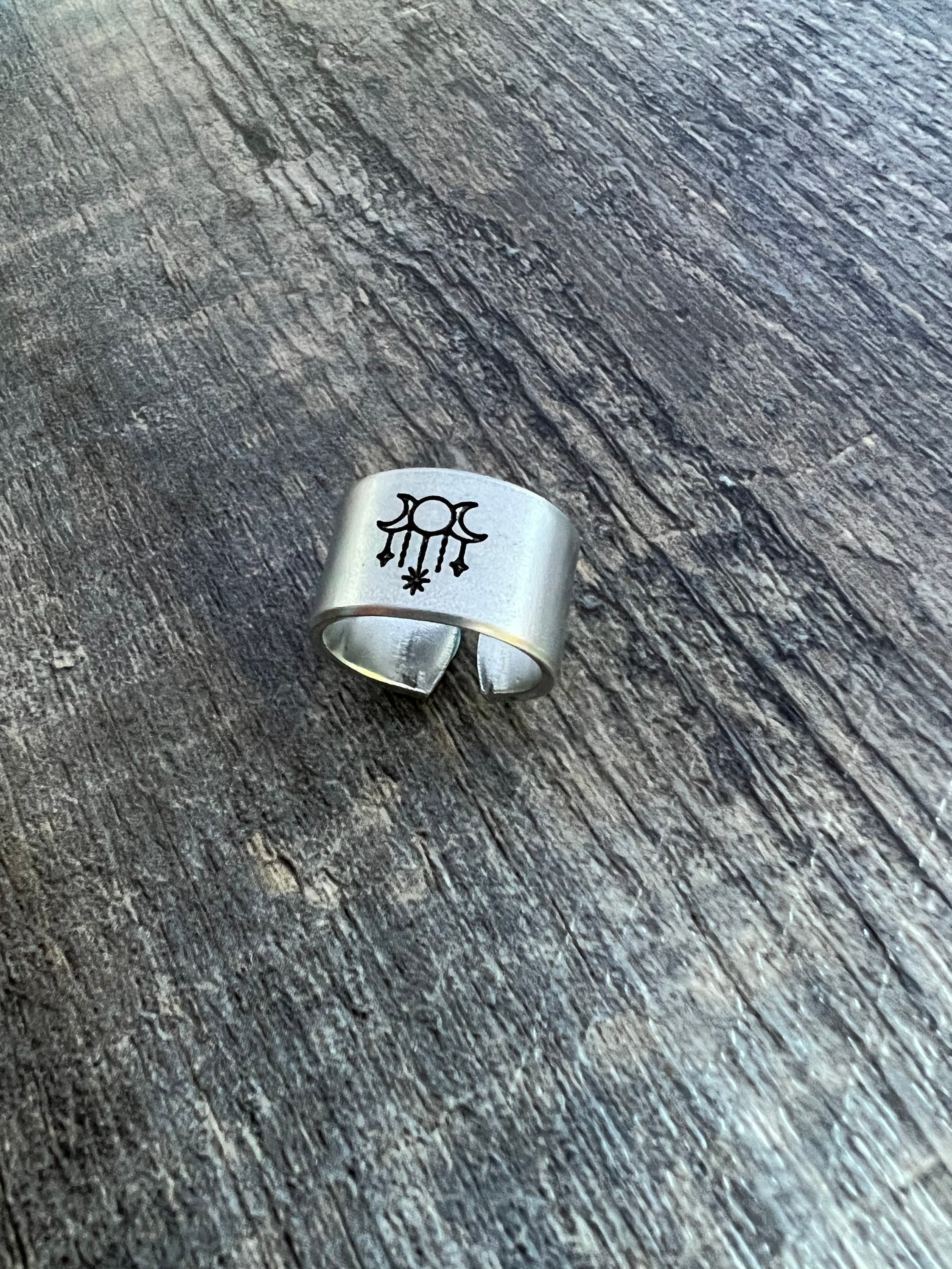 Triple Goddess Moon Phase Ring- Hand Stamped Aluminum Ring