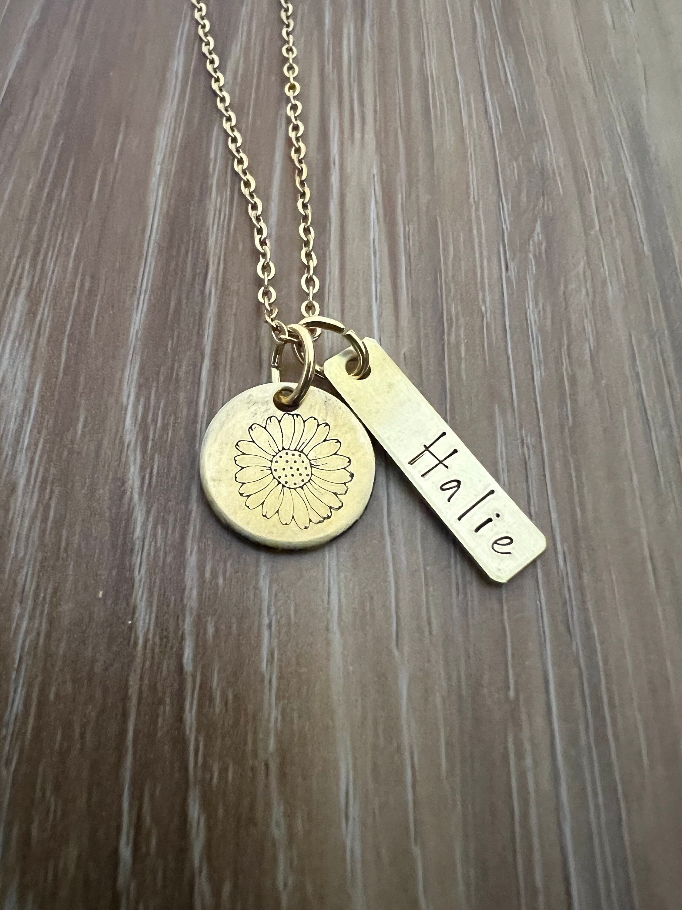 Personalized Name and Birth Flower Necklace - Aluminum Brass or Copper Charms, view 2
