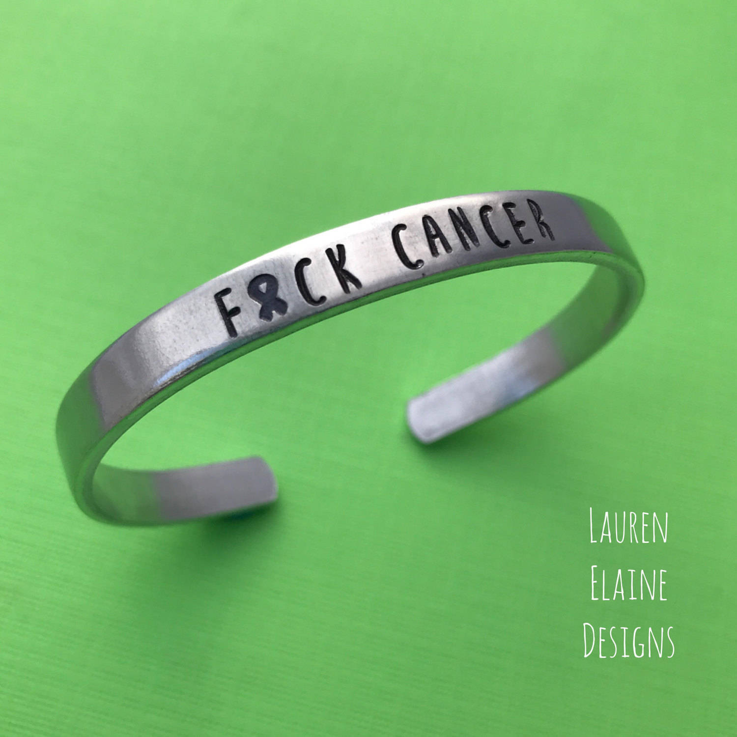 Hand Stamped Aluminum Cuff Bracelet: F Cancer Awareness Ribbon, view 2