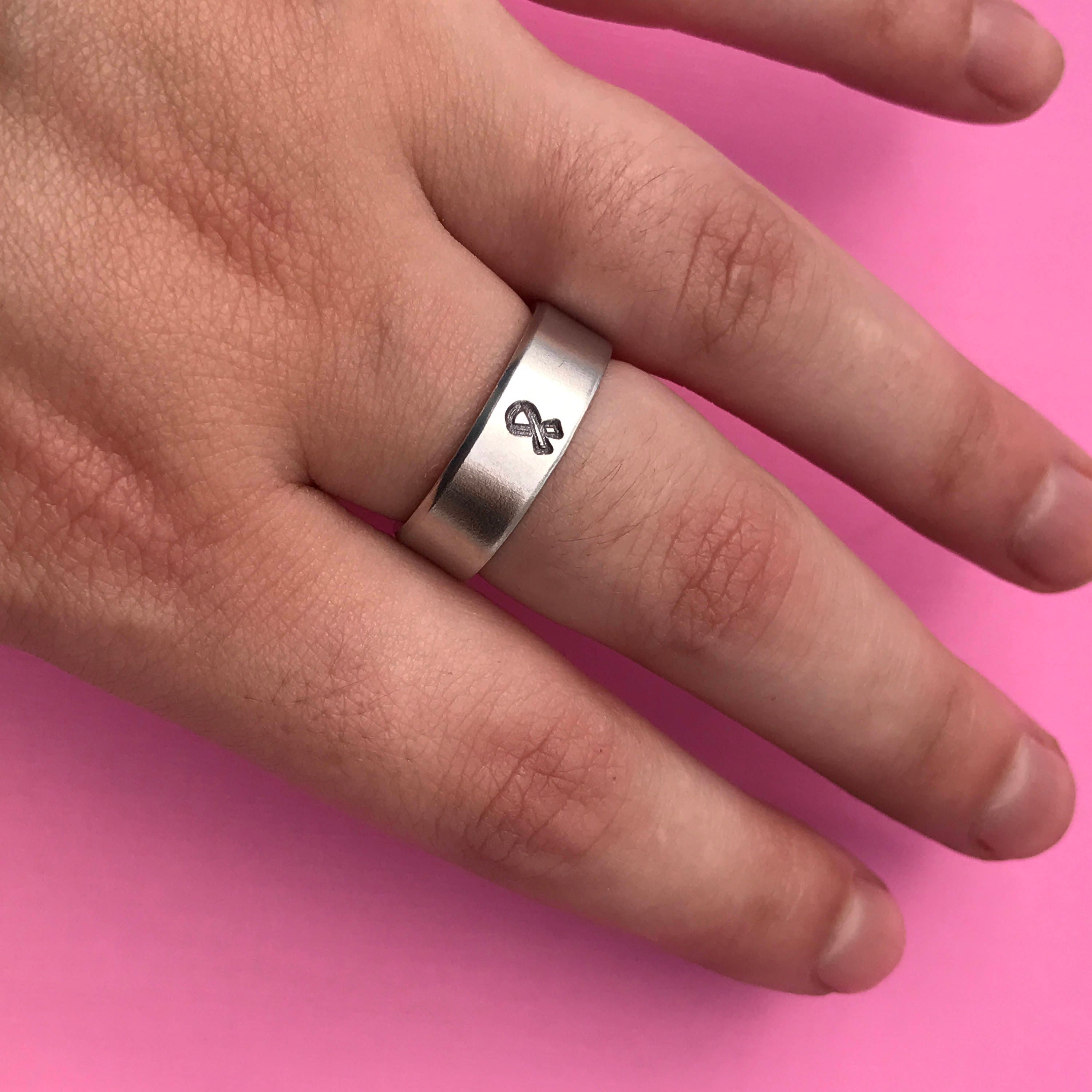 Cancer Survivor Ring- Awareness Ribbon- Hand Stamped Aluminum Ring- You Choose the Font, view 4