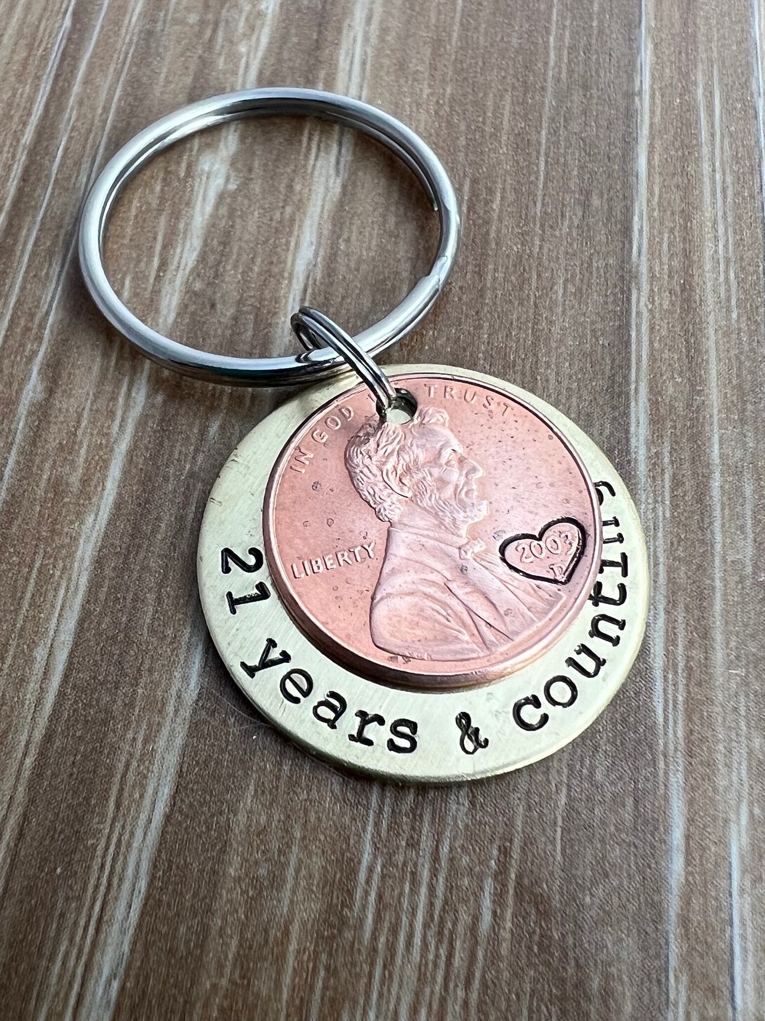 Hand Stamped Anniversary Penny Keychain: Personalized Brass Couples Gift
