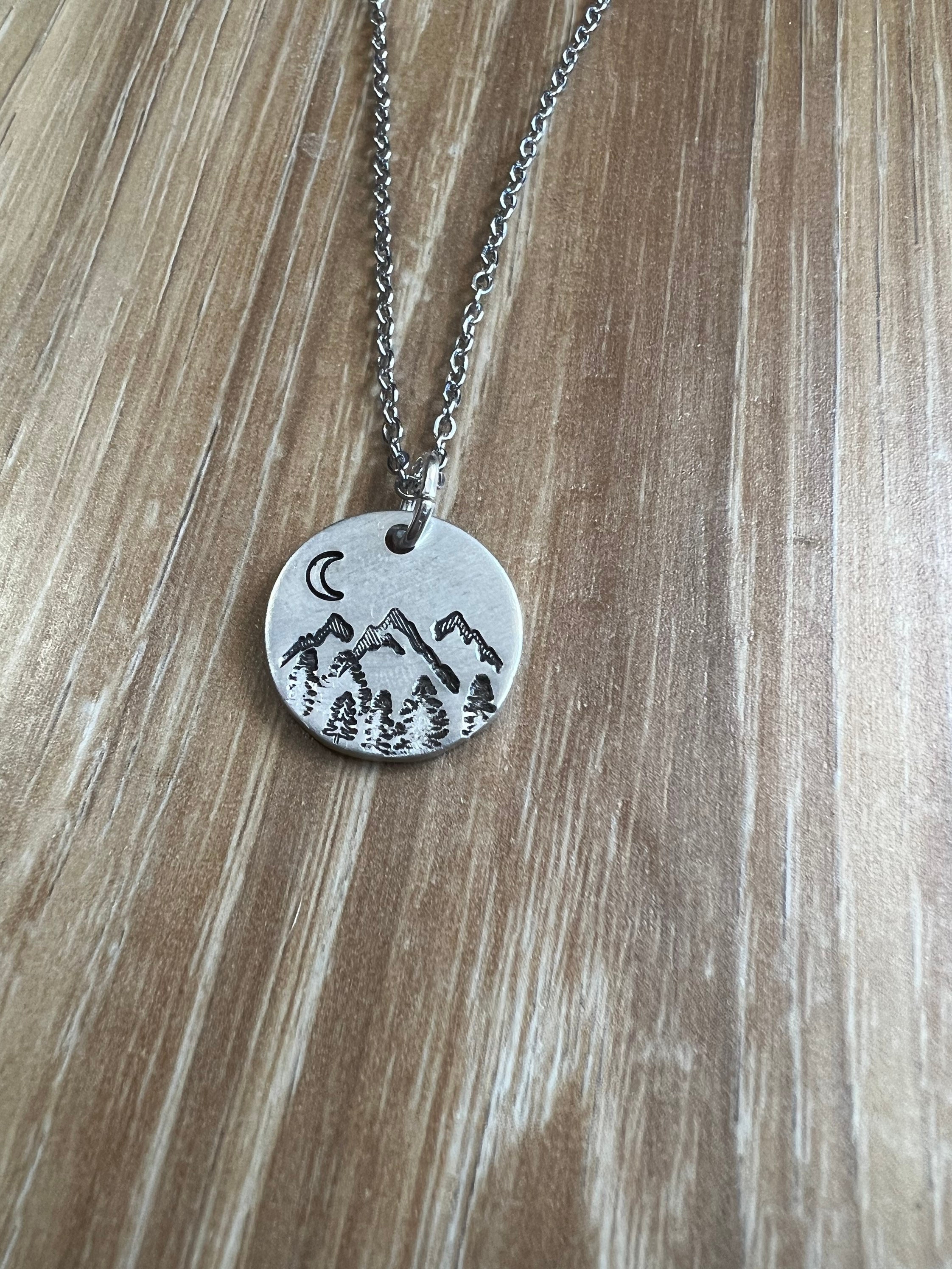 Mountain and Moon Necklace- Hand Stamped Aluminum, Copper, or Brass Charm Necklace, view 3