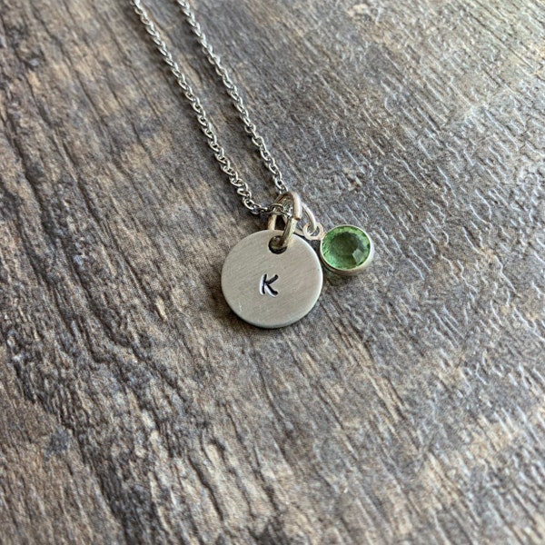 Hand Stamped Initial Necklace: Aluminum Charm with Swarovski Birthstone