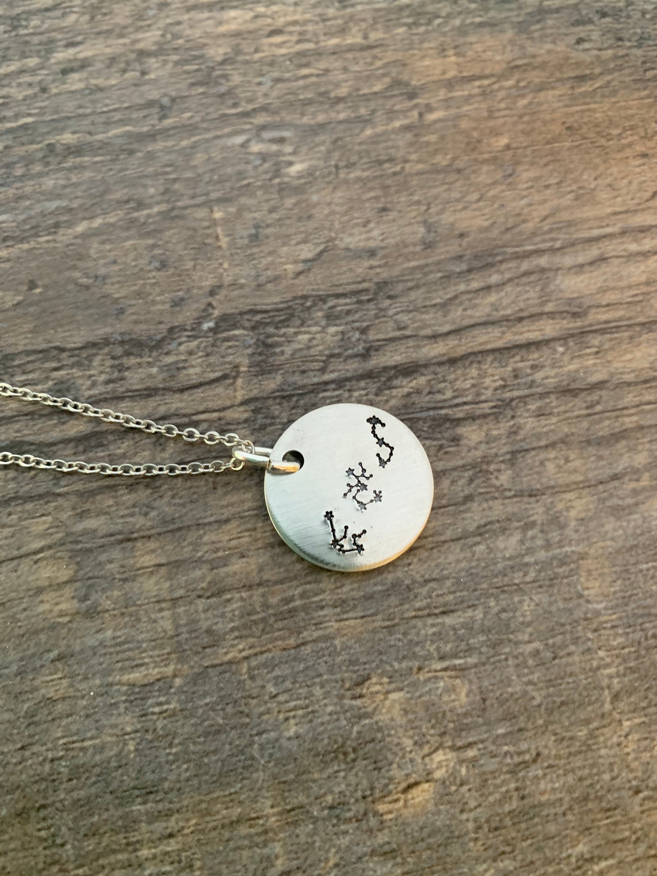 Hand Stamped Zodiac Constellation Necklace: Custom Metal Charm, view 2