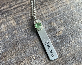 Custom Hand Stamped Bar Necklace: Swarovski Birthstone, Personalized Name