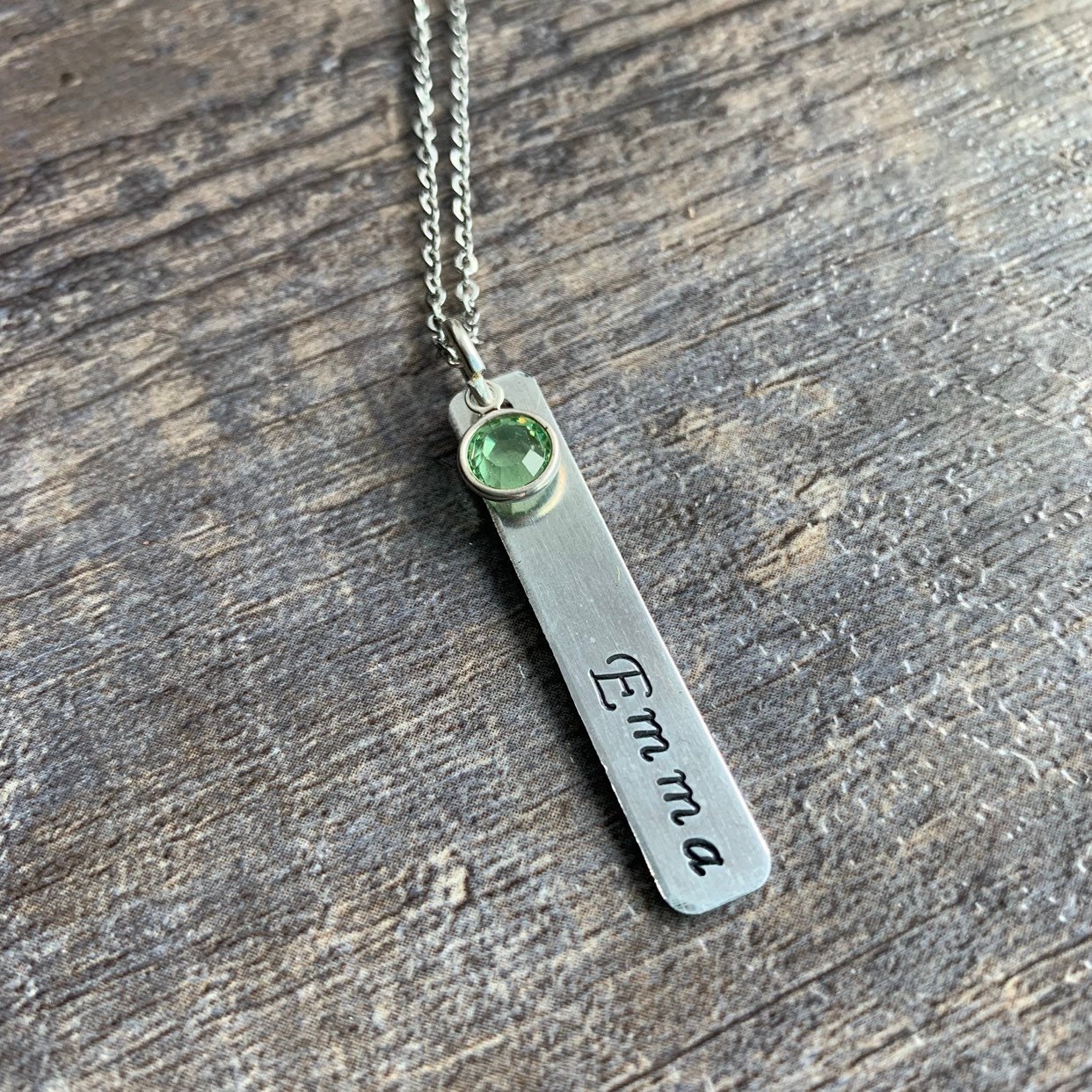 Custom Hand Stamped Bar Necklace: Swarovski Birthstone, Personalized Name