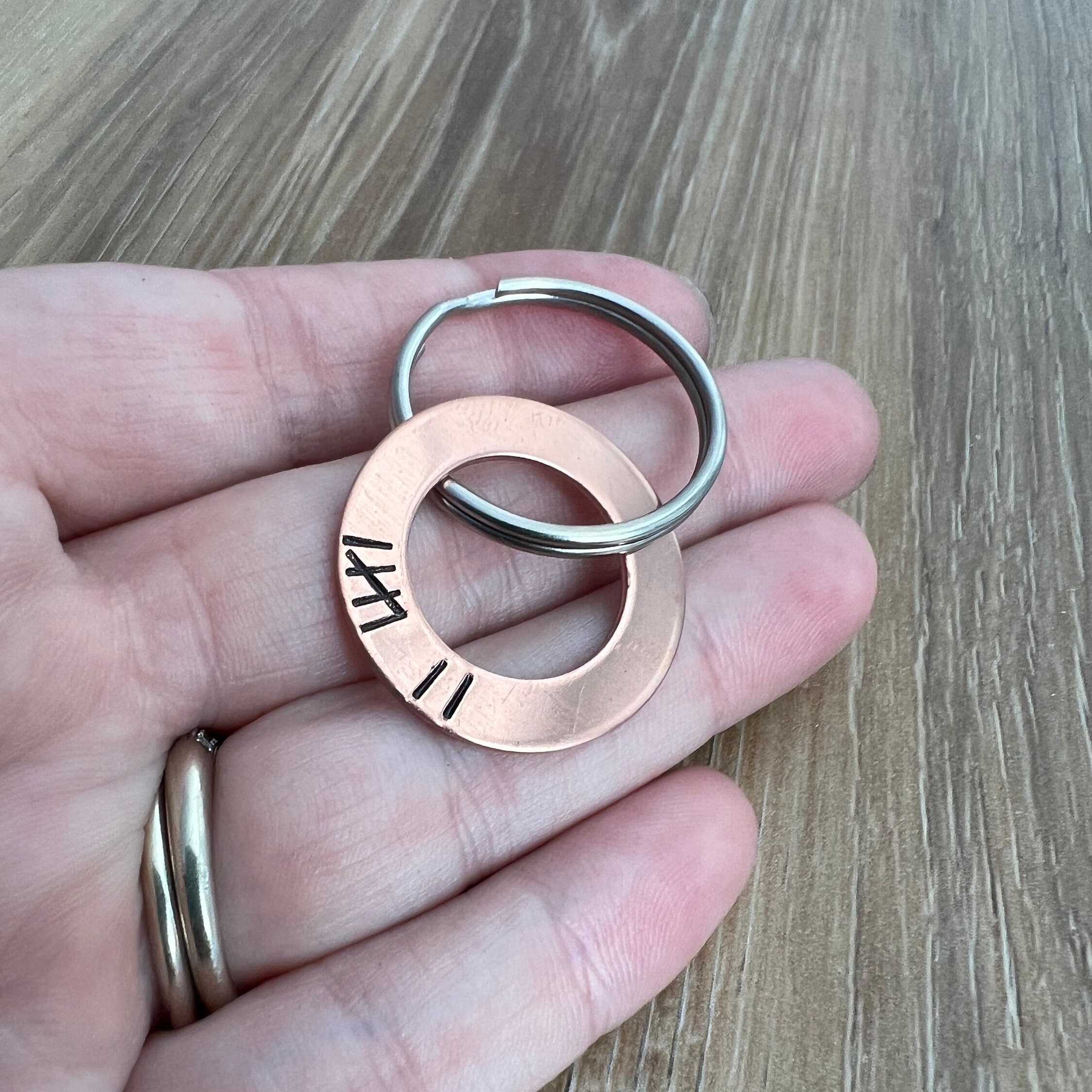 Hand Stamped Copper 7 Year Anniversary Keychain: Tally Mark Gift, view 4
