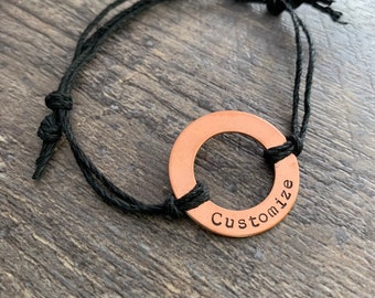 Custom Hand Stamped Copper Washer Hemp Bracelet- Choose Color and Font