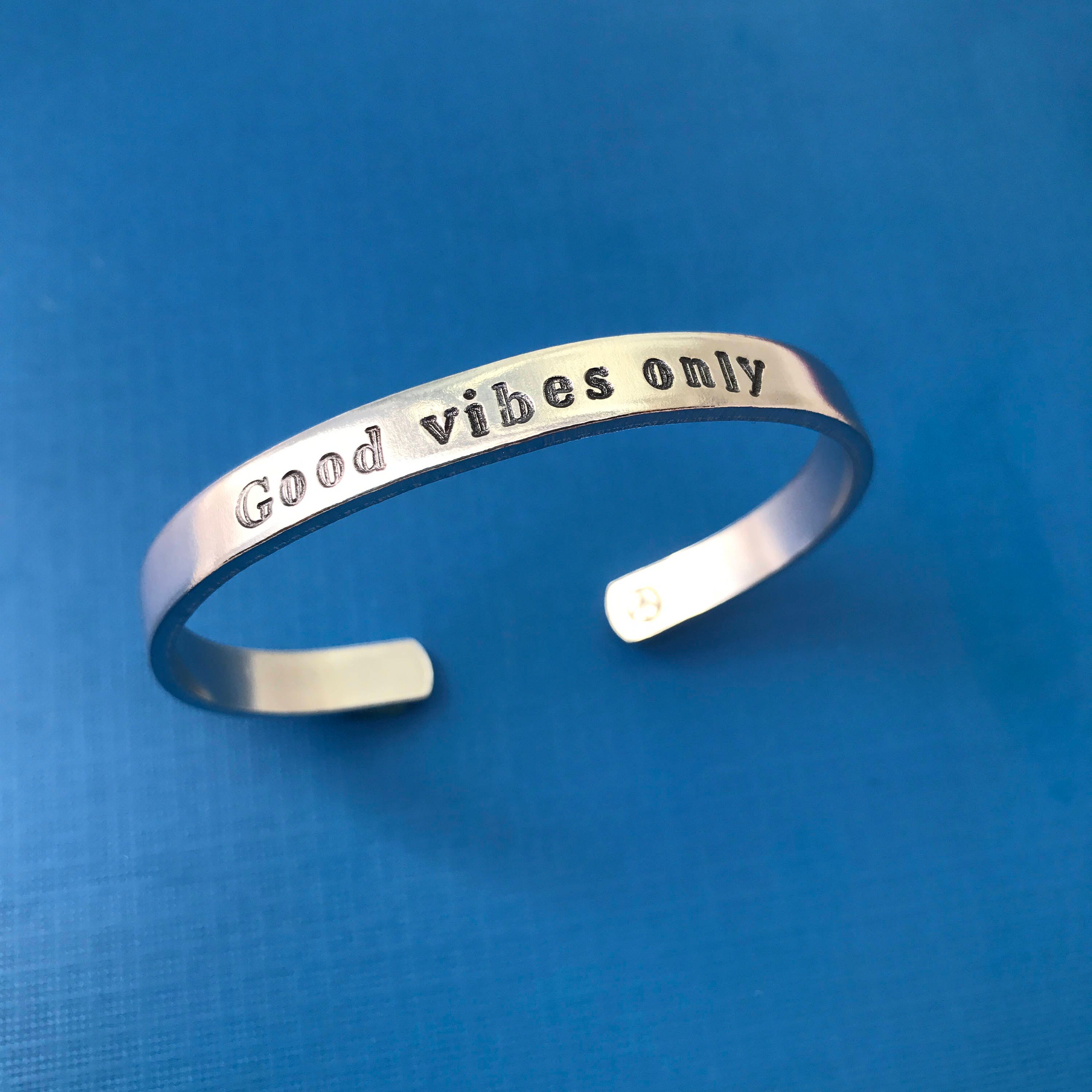 Good Vibes Only- Motivational Mantra Bracelet- Hand Stamped Cuff Bracelet, view 2