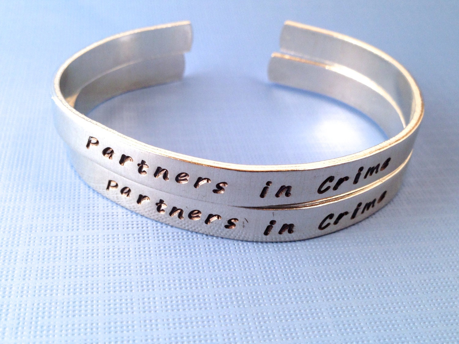 Partners in Crime Bracelet Set- Hand Stamped Best Friend Cuff Bracelets- In Aluminum, Copper, Brass, Sterling Silver, view 4