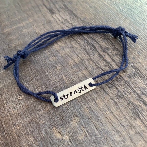 Custom Hand Stamped Aluminum Rectangle Charm Hemp Bracelet- (Pick your own Color and Phrase)