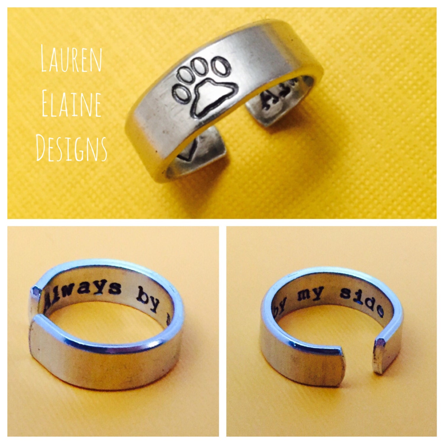 Always By My Side- Pet Memorial- Hand Stamped Aluminum Ring- Paw Print Ring, view 2