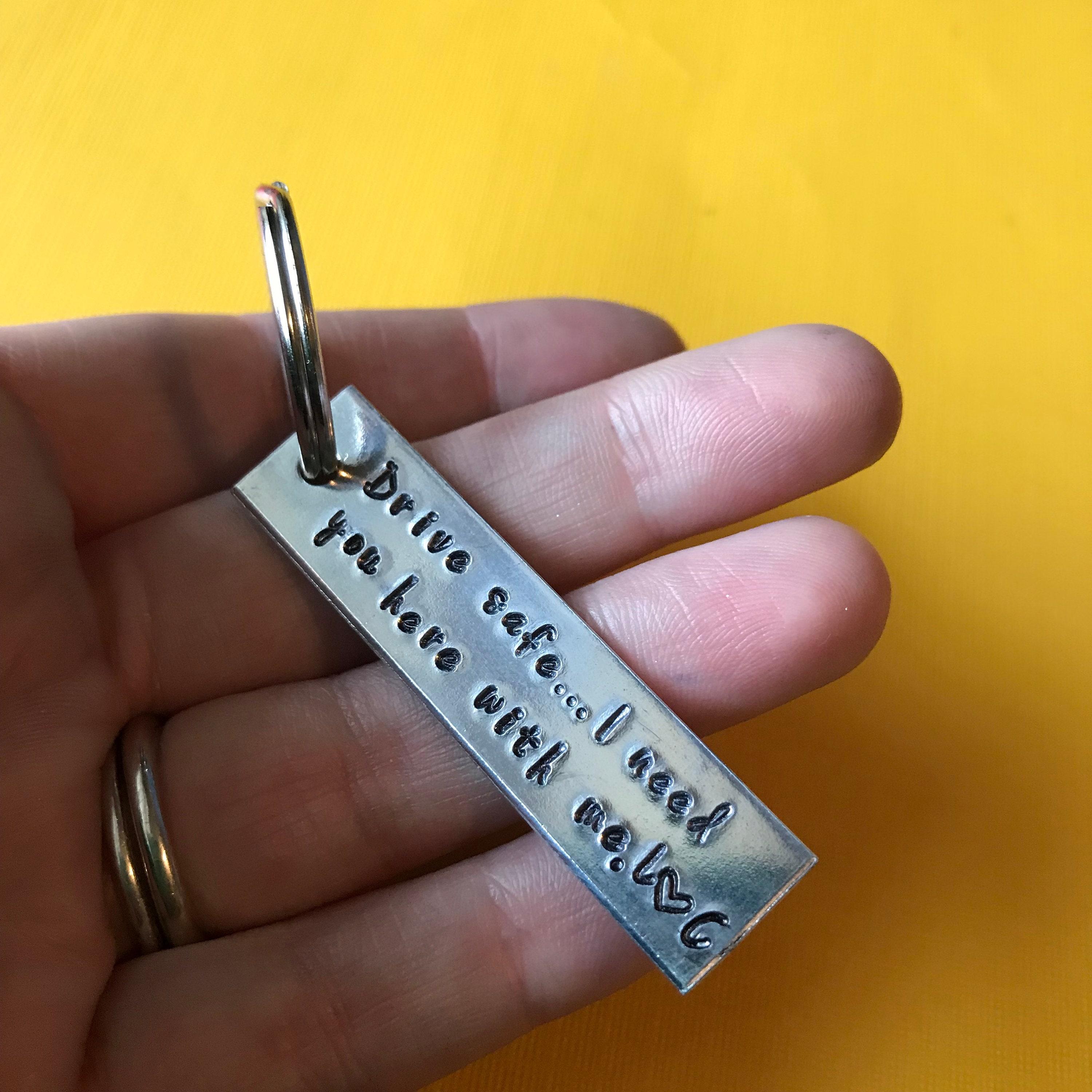 Custom Initials "Drive Safe I Need You Here With Me" Hand Stamped Aluminum Keychain, view 3