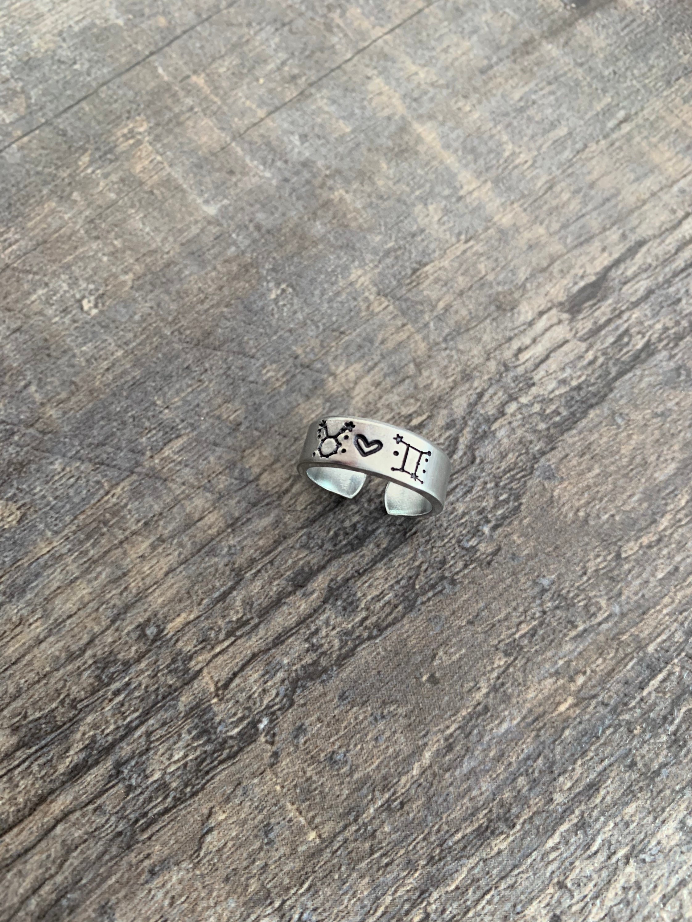 Zodiac Sign Couple Ring: Hand Stamped Aluminum Astrology Jewelry, view 2