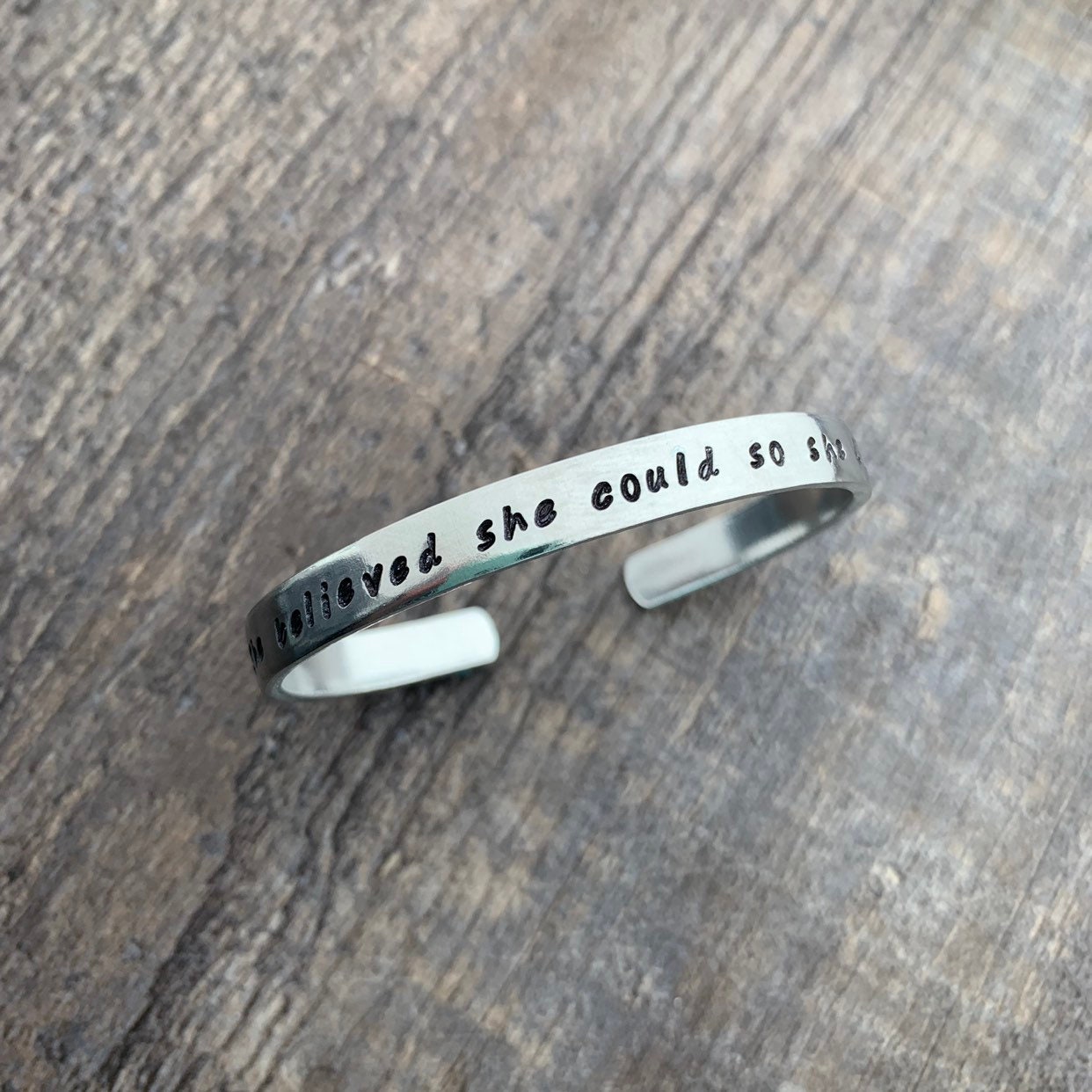 Hand Stamped Cuff Bracelet: "She Believed She Could" - Aluminum, Brass, Copper, Sterling Silver, view 2