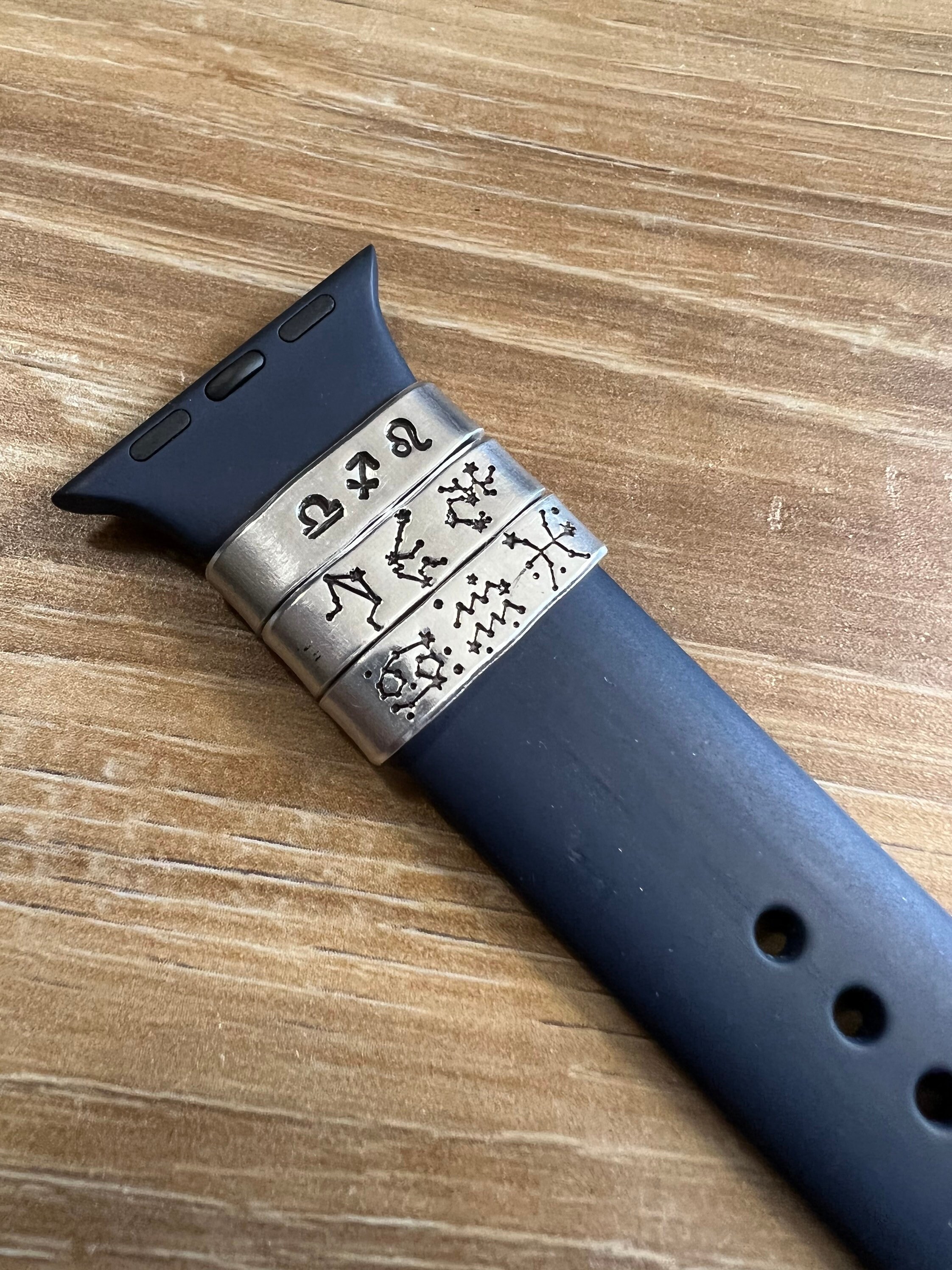 Hand Stamped Zodiac Watch Band Charm: Aluminum Sun Moon Rising Tag, view 2