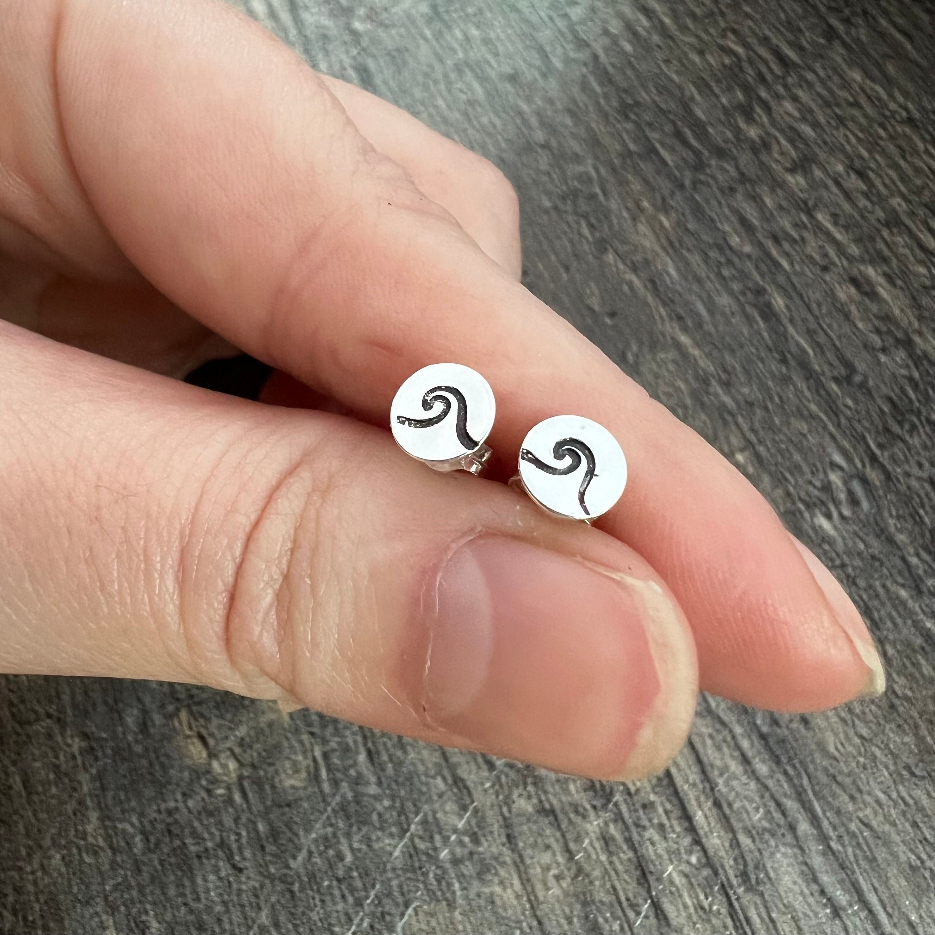 Ocean Wave Sterling Silver Stud Earrings - Hand Stamped Gift, view 2