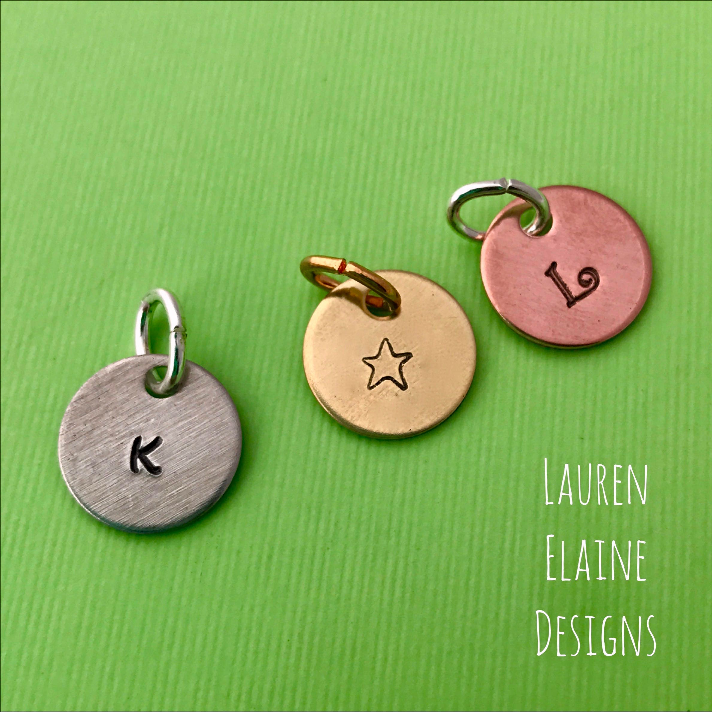 Custom Hand Stamped Circle Initial Charms- In Copper, Aluminum, or Brass, view 2